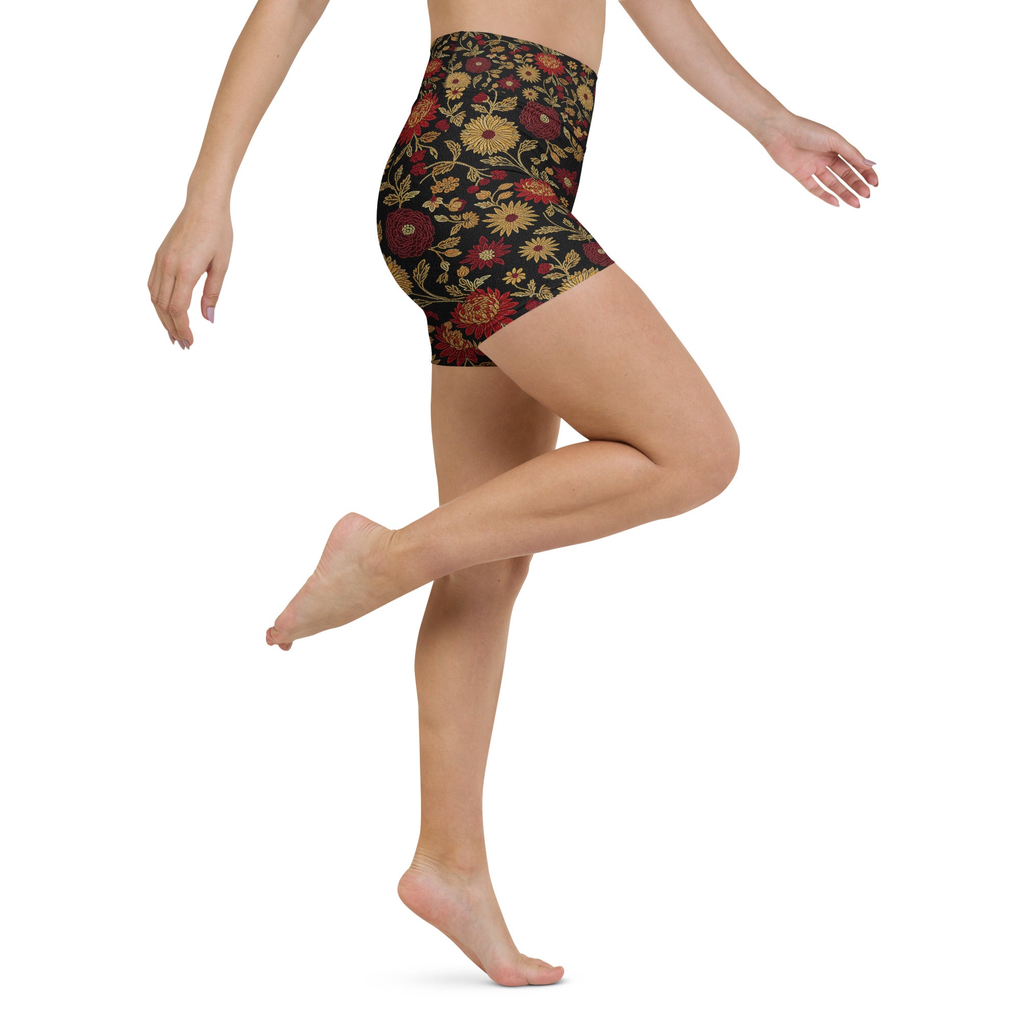 Gold Paillette Rose Garden Yoga Shorts | GearBunch