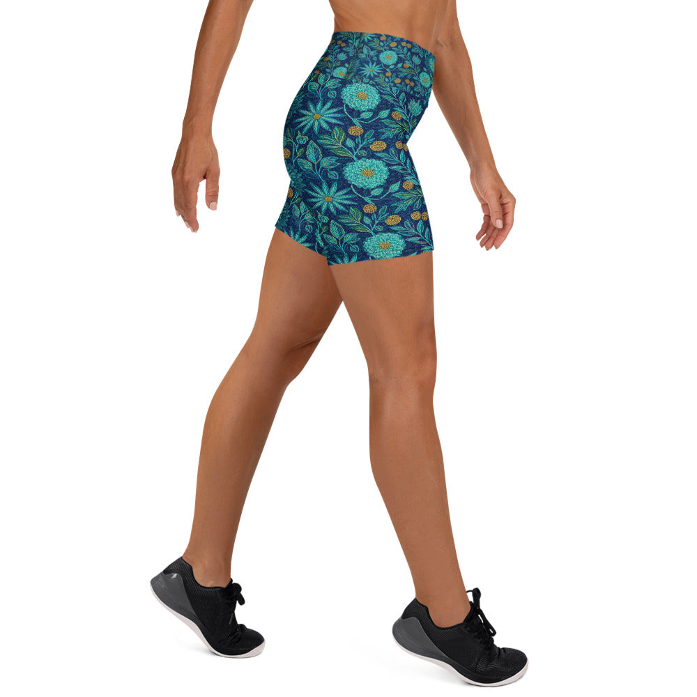 Teal Lotus Garden Yoga Shorts | GearBunch