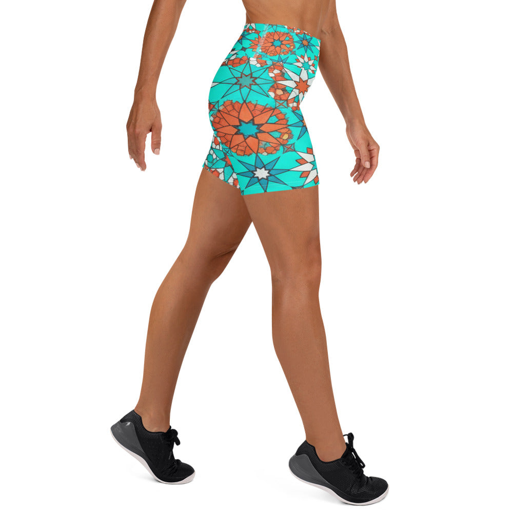 Zellige Turquoise Coral Yoga Shorts | GearBunch