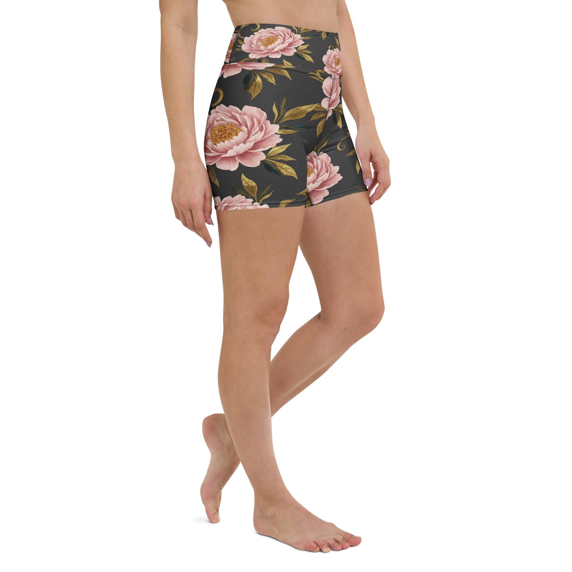 Blush Peonies and Gold Yoga Shorts | GearBunch