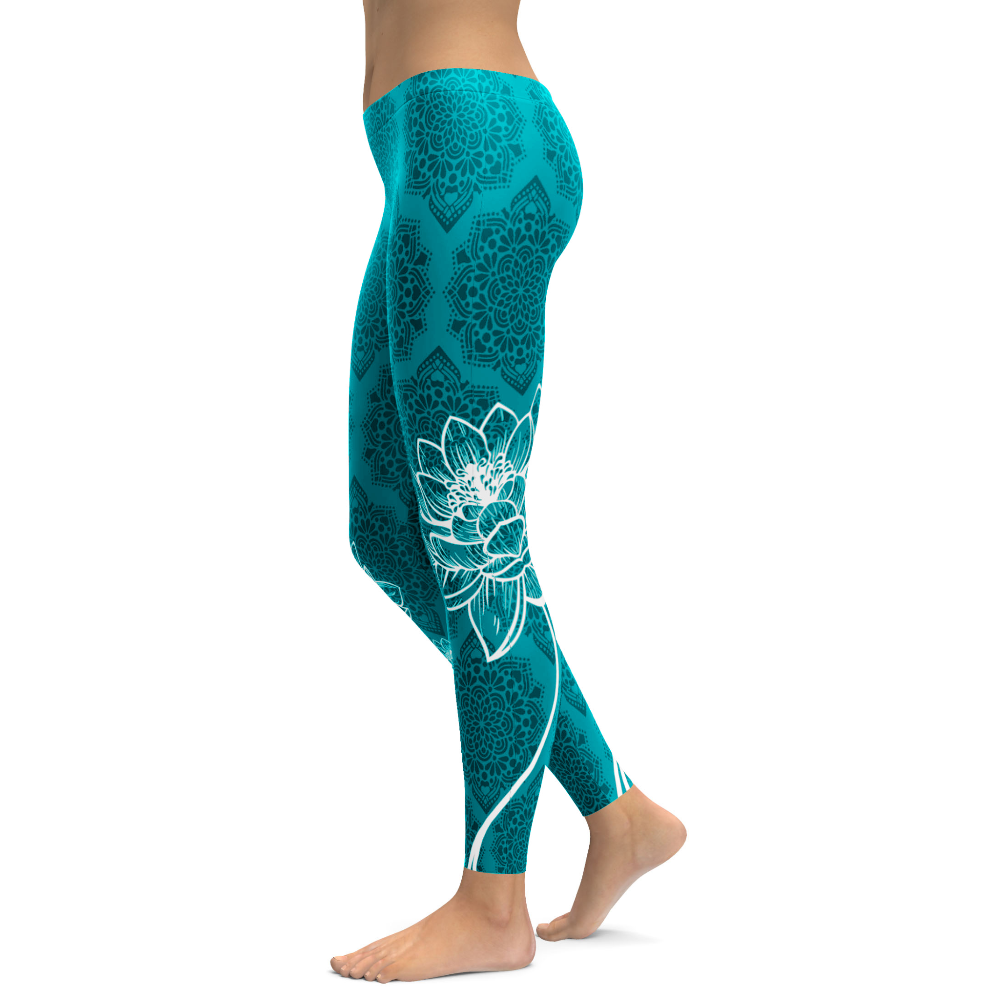 Womens Workout Yoga Cyan Blue Lotus Leggings Blue Black White Gearbunch GearBunch