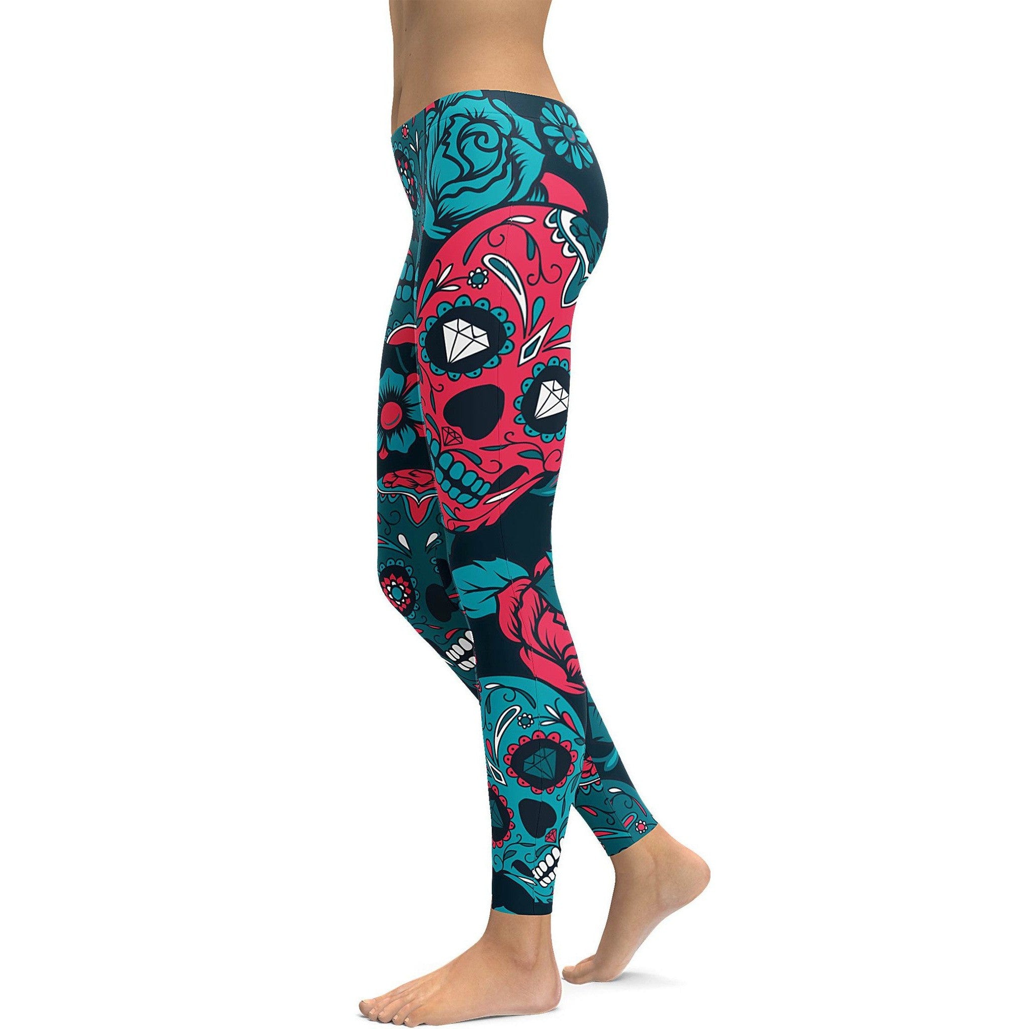 Womens Workout Yoga Blue Sugar Skull Leggings Blue/Black/White | Gearbunch.com