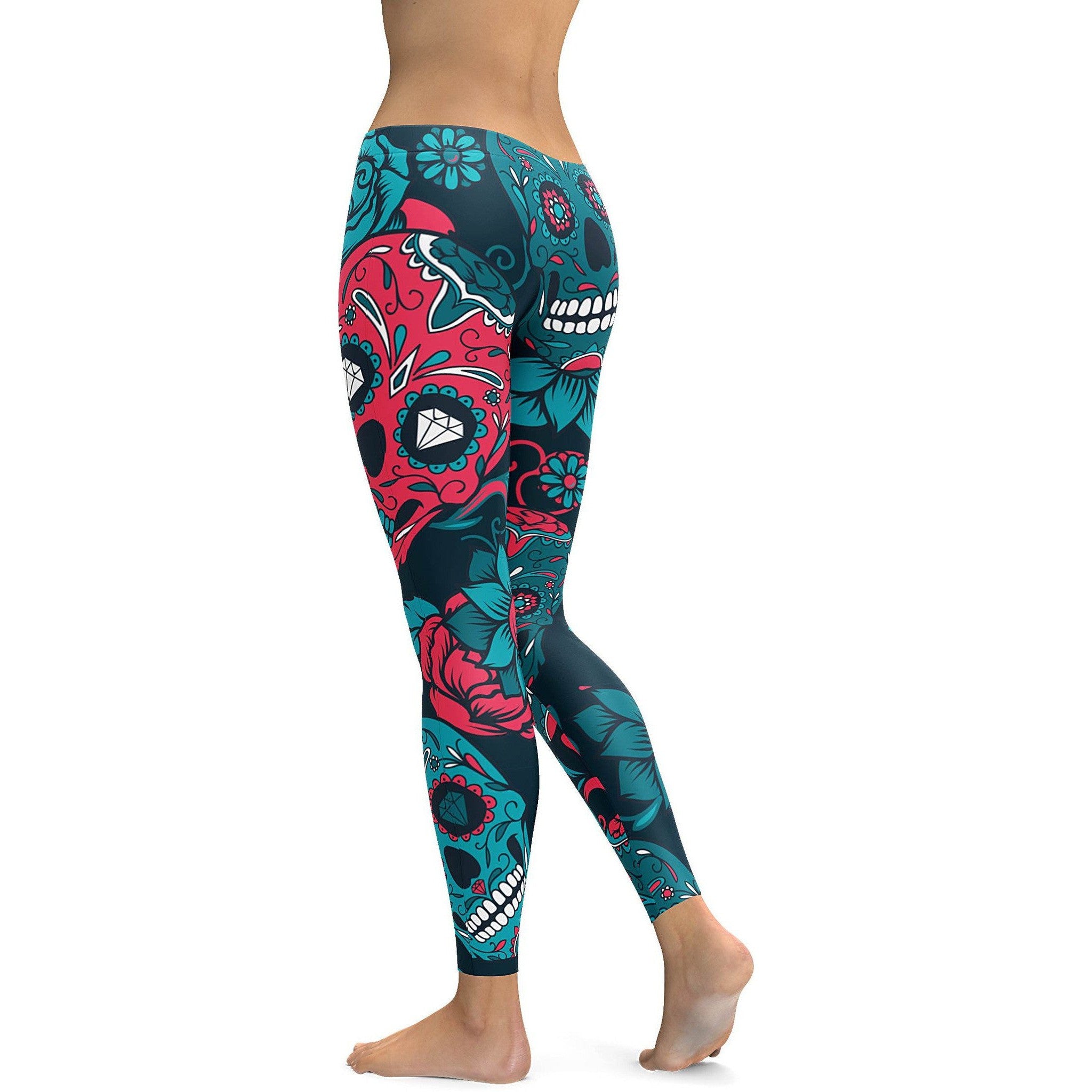 Womens Workout Yoga Blue Sugar Skull Leggings Blue/Black/White | Gearbunch.com