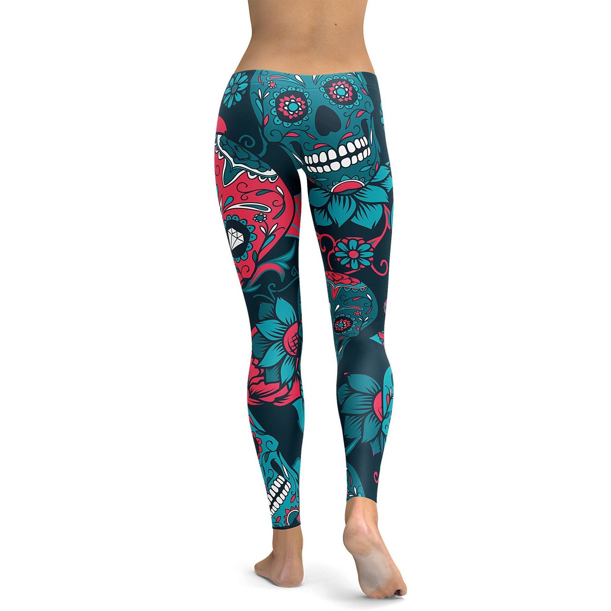 Womens Workout Yoga Blue Sugar Skull Leggings Blue/Black/White | Gearbunch.com