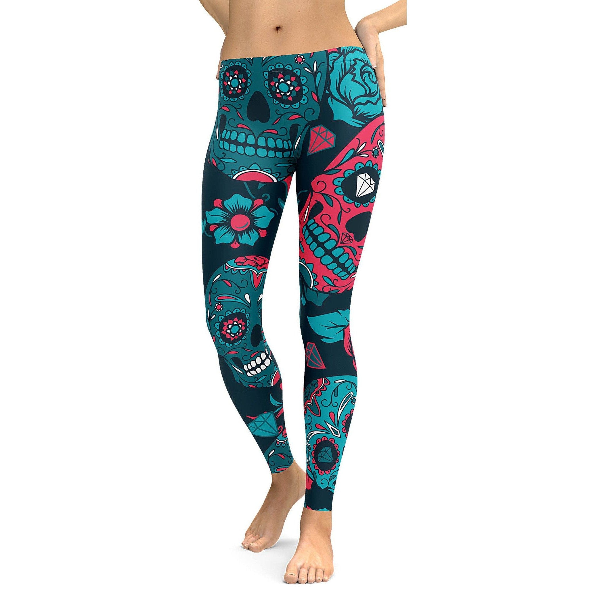 Womens Workout Yoga Blue Sugar Skull Leggings Blue/Black/White | Gearbunch.com
