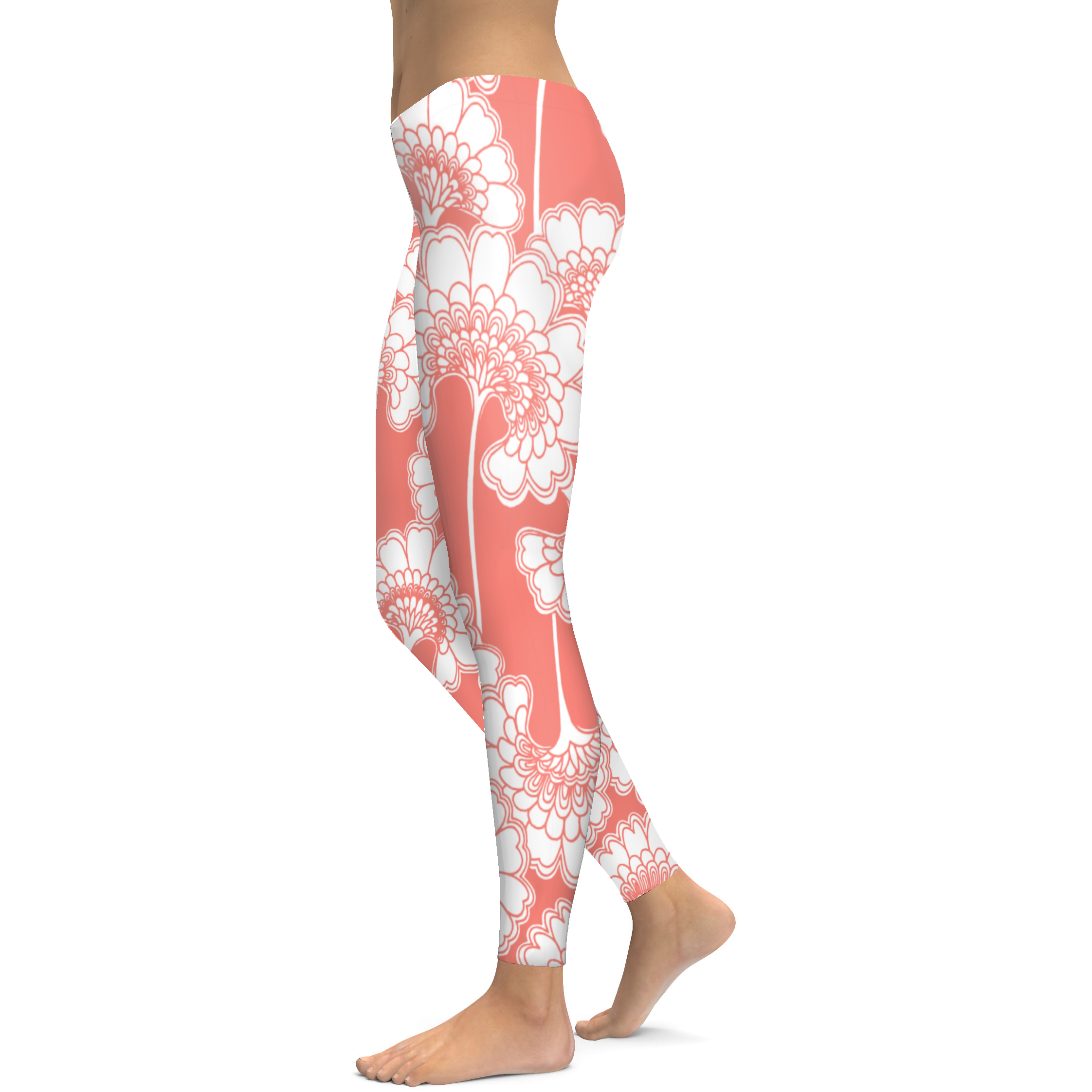 Coral Japanese Floral Leggings -Gearbunch