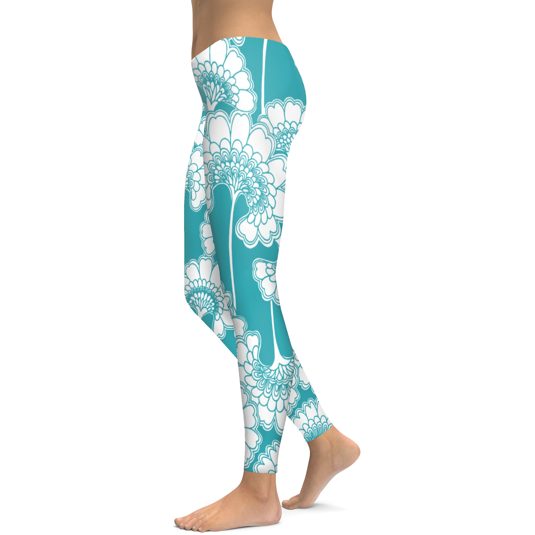 Teal Japanese Floral Leggings - Gearbunch