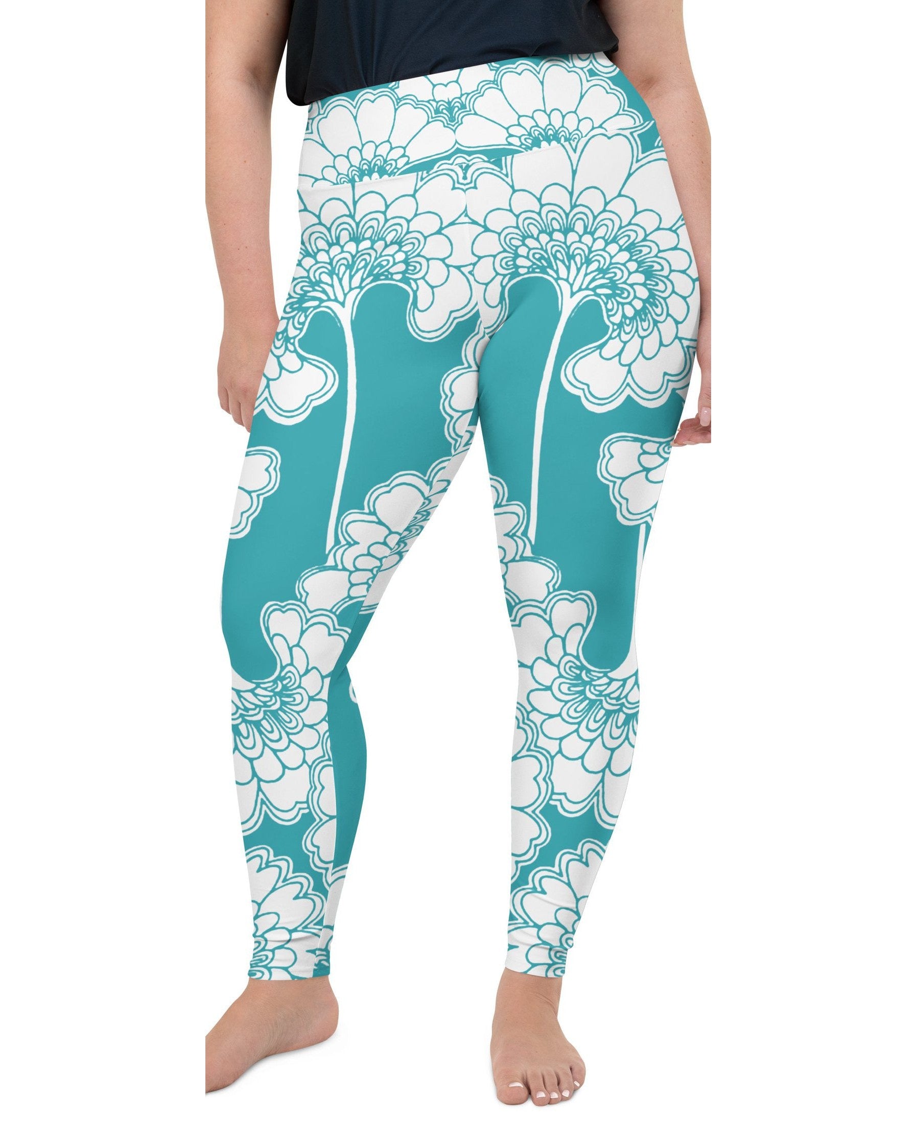 Teal Japanese Floral Plus Size Leggings Gearbunch
