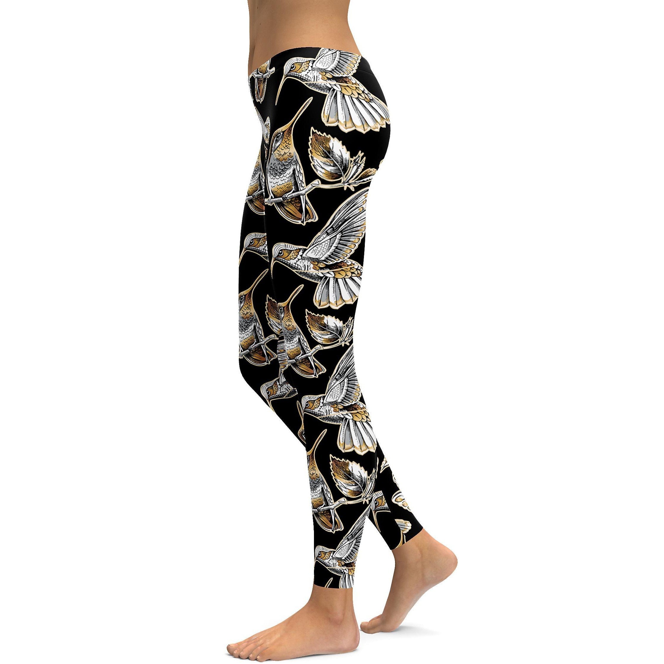 White&Gold Hummingbird Leggings - GearBunch Leggings / Yoga Pants