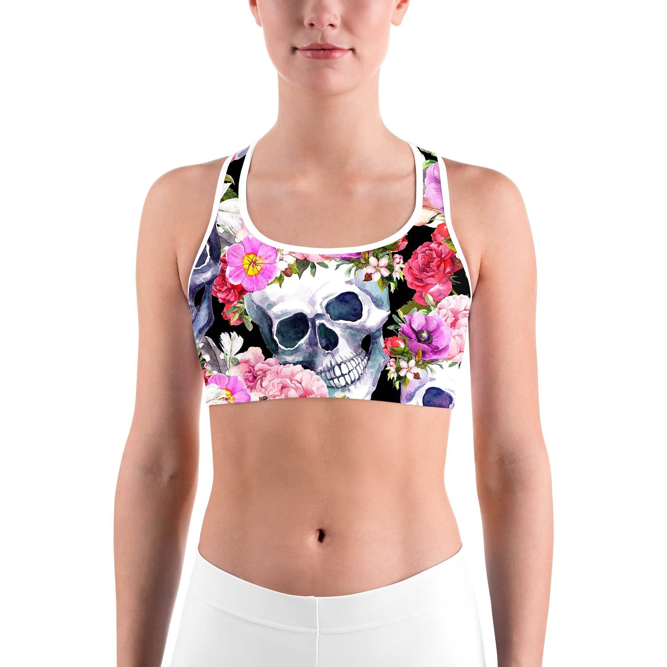 Colorful Floral Skull Sports bra - GearBunch Leggings / Yoga Pants