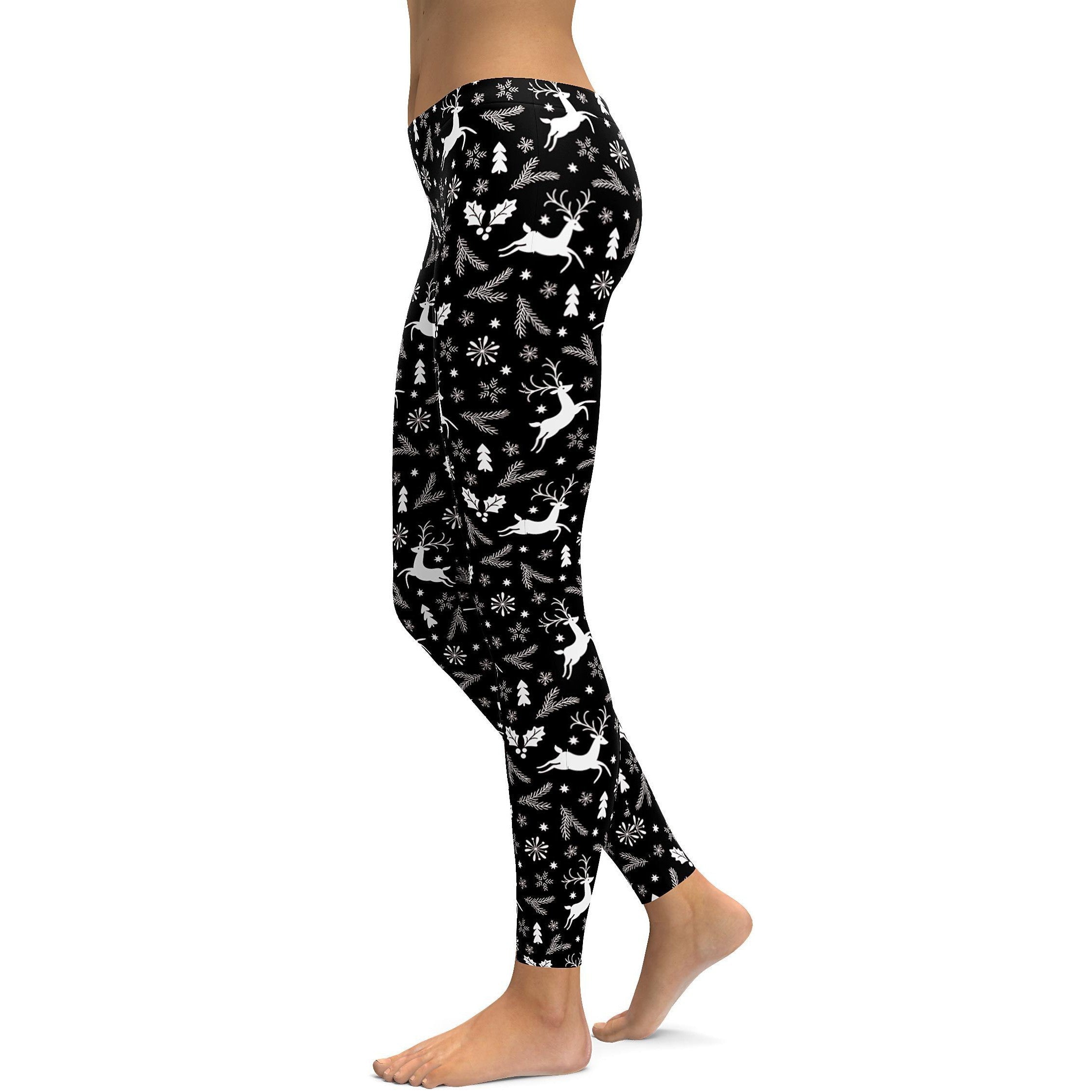 Black Reindeer Christmas Leggings - GearBunch Leggings / Yoga Pants