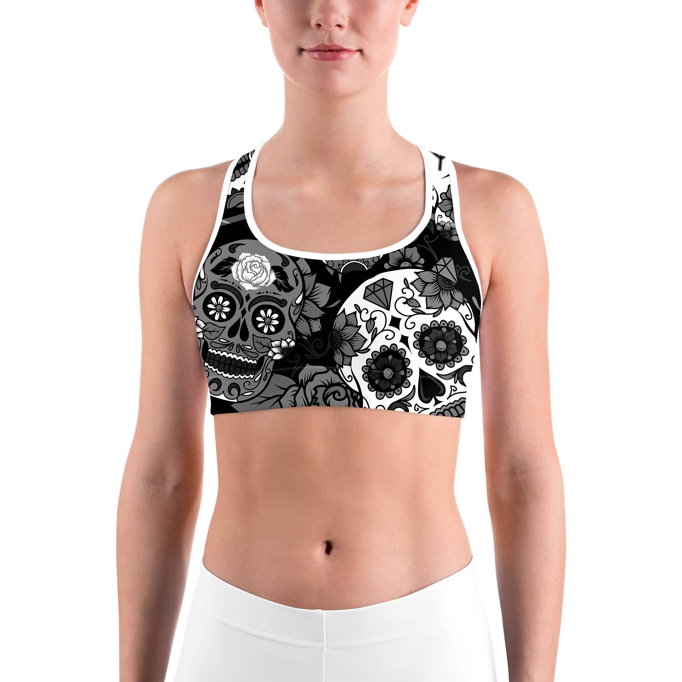 Black & White Sugar Skull Sports bra - GearBunch Leggings / Yoga Pants