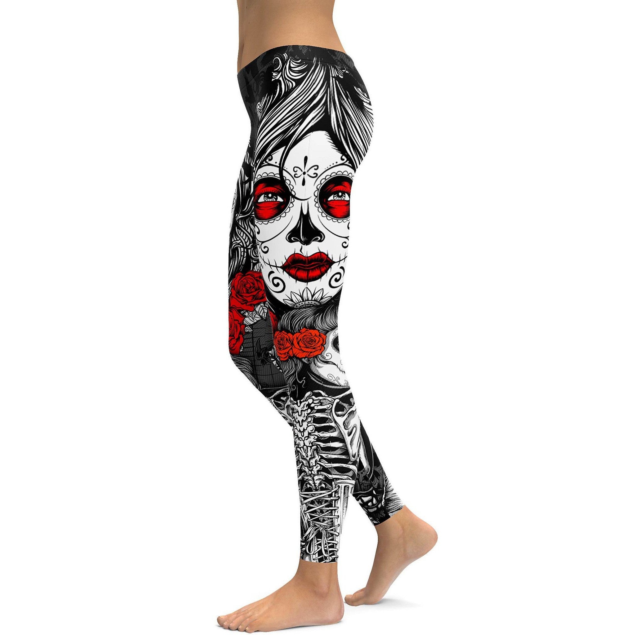Womens Workout Yoga Skeleton Sugar Skull Leggings White/Black/Red | Gearbunch.com