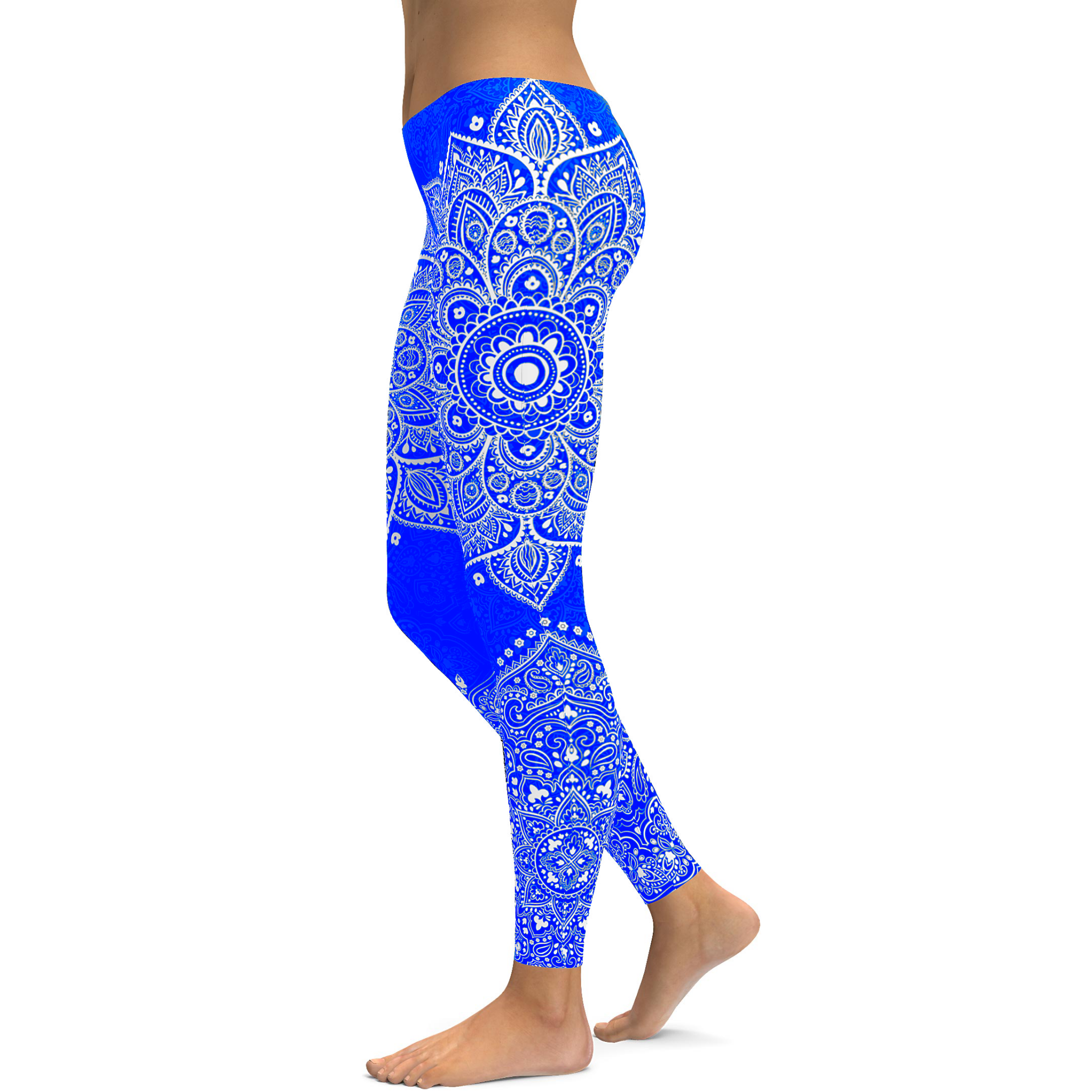 Women's blue and white mandala leggings front view