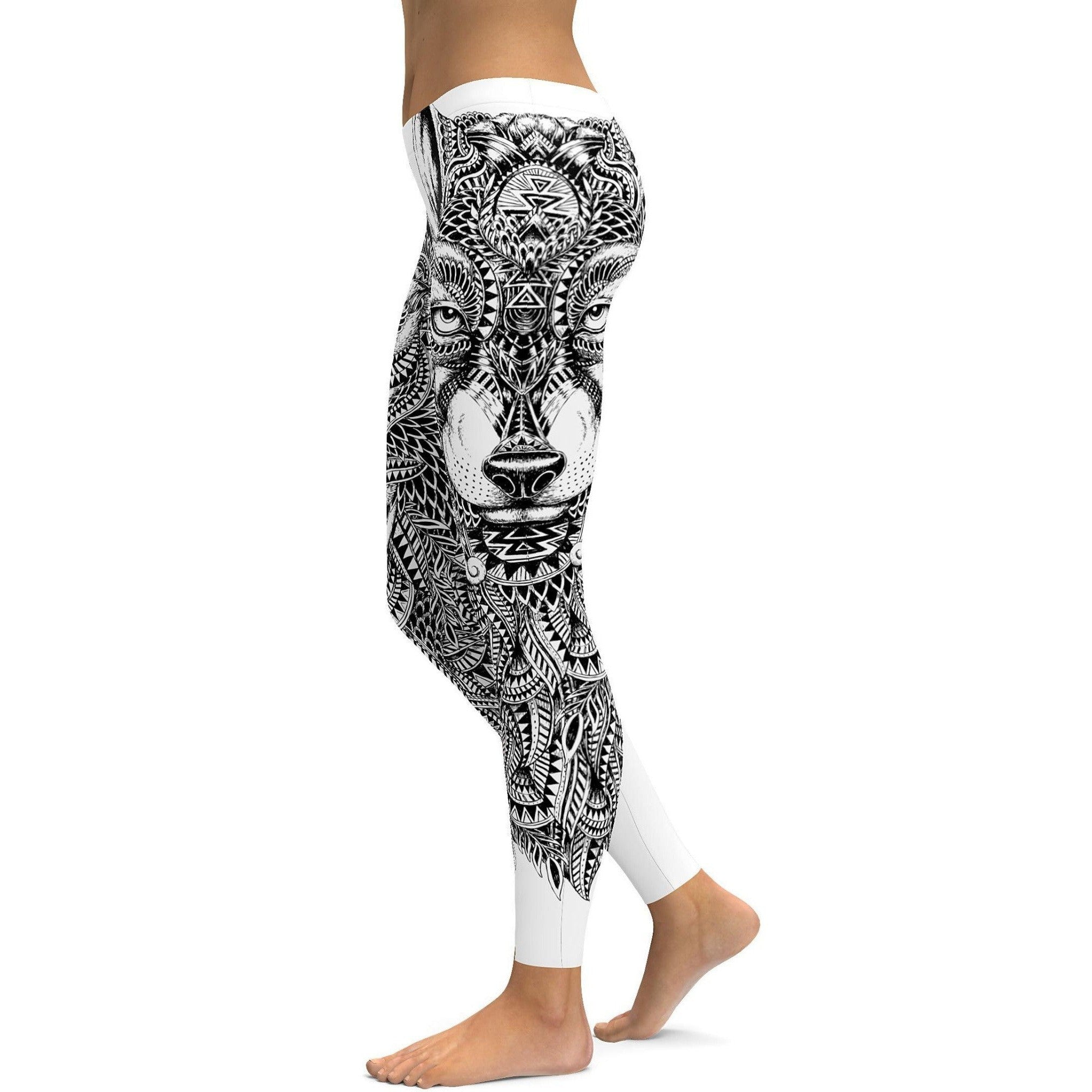 Black & White Zentangle Wolf Leggings - GearBunch
