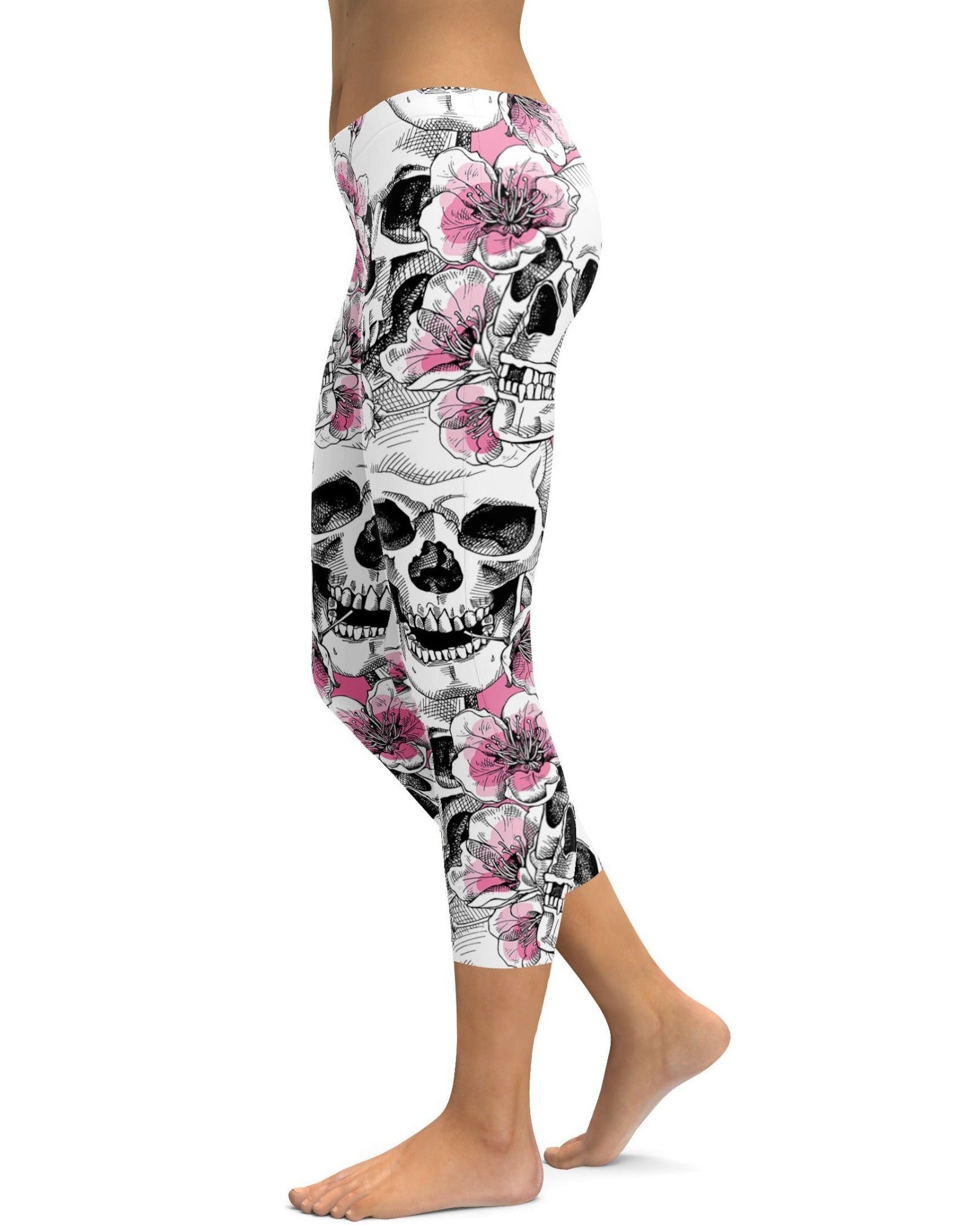 Pink Floral Skulls Capris - Gearbunch