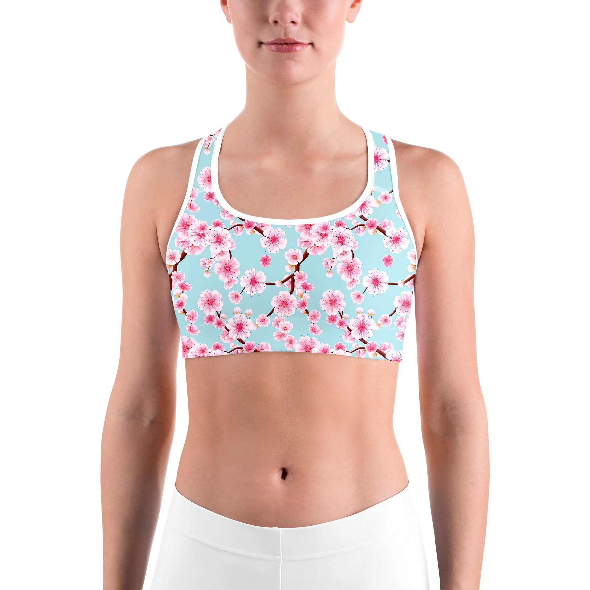Women's cherry blossom print sports bra front view