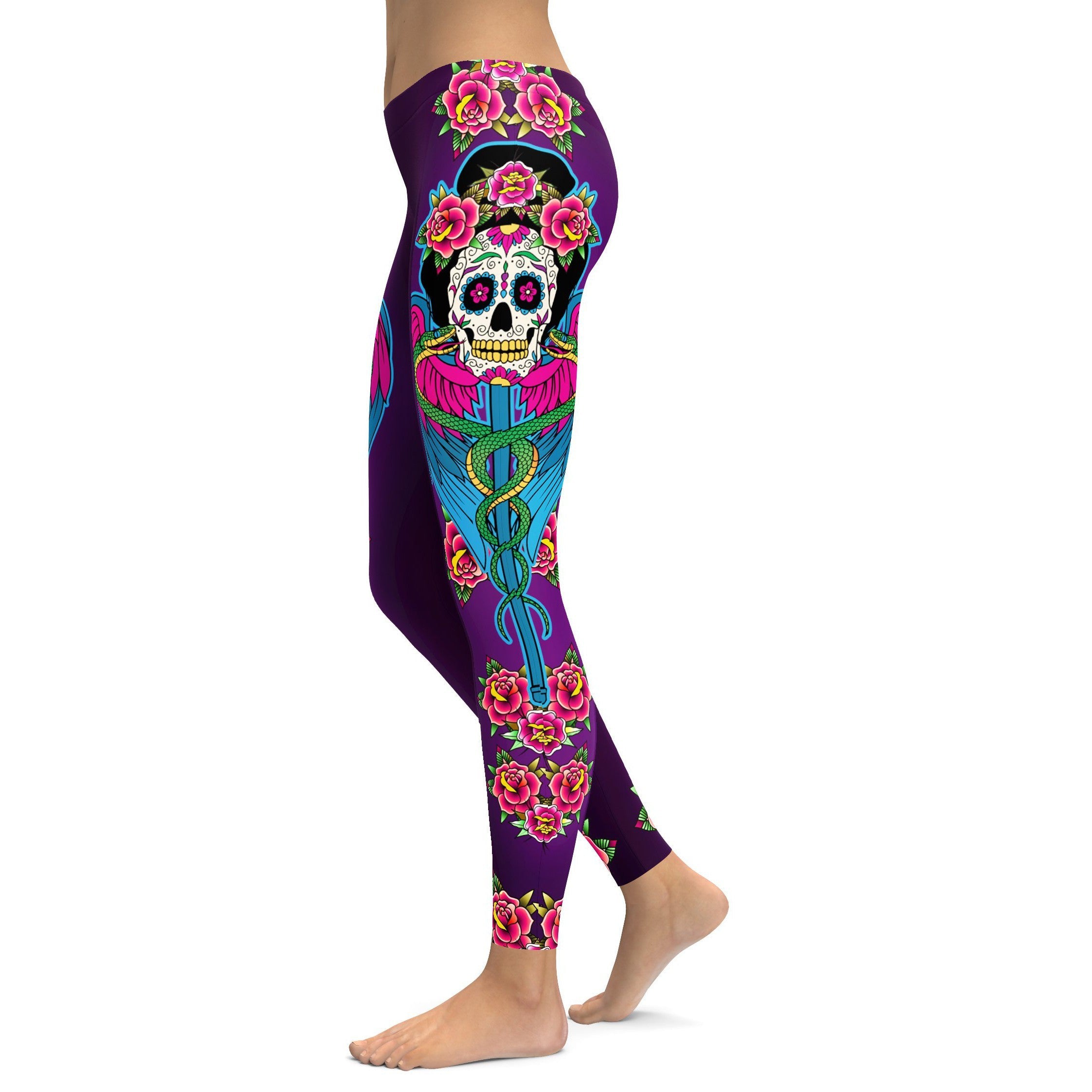 Caduceus Sugar Skull Leggings - GearBunch Leggings / Yoga Pants