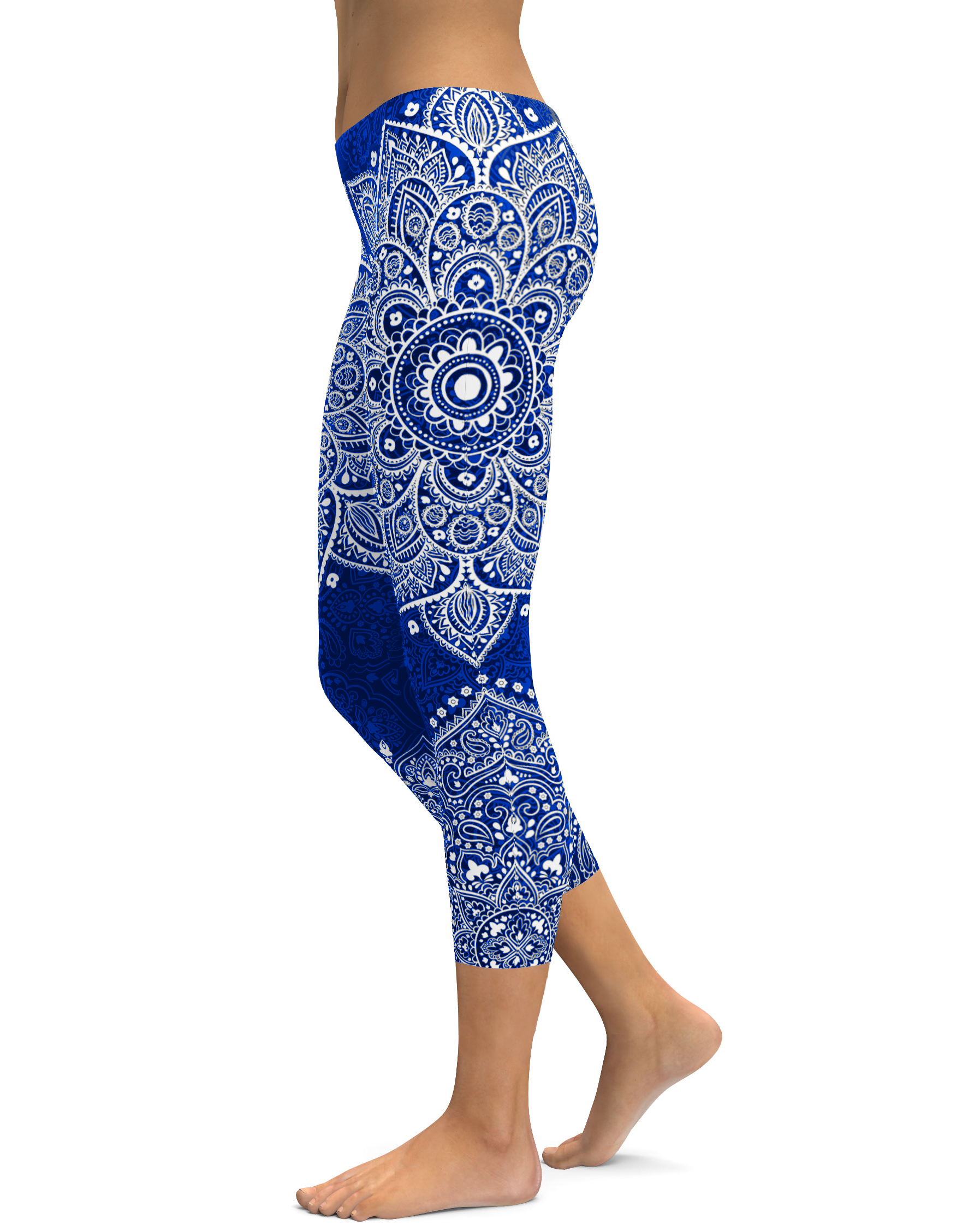 Women's navy and white mandala capris front view