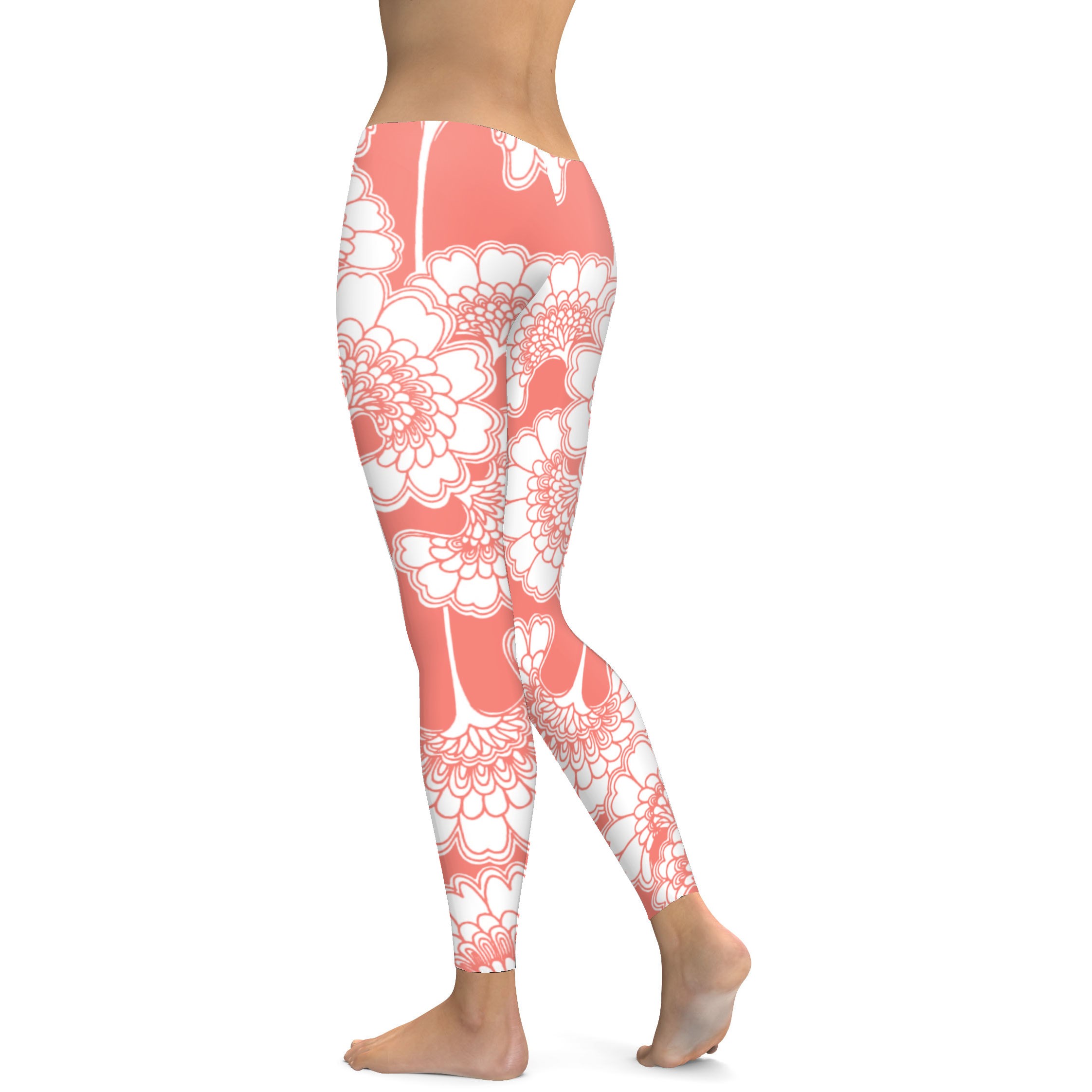 Coral Japanese Floral Leggings -Gearbunch