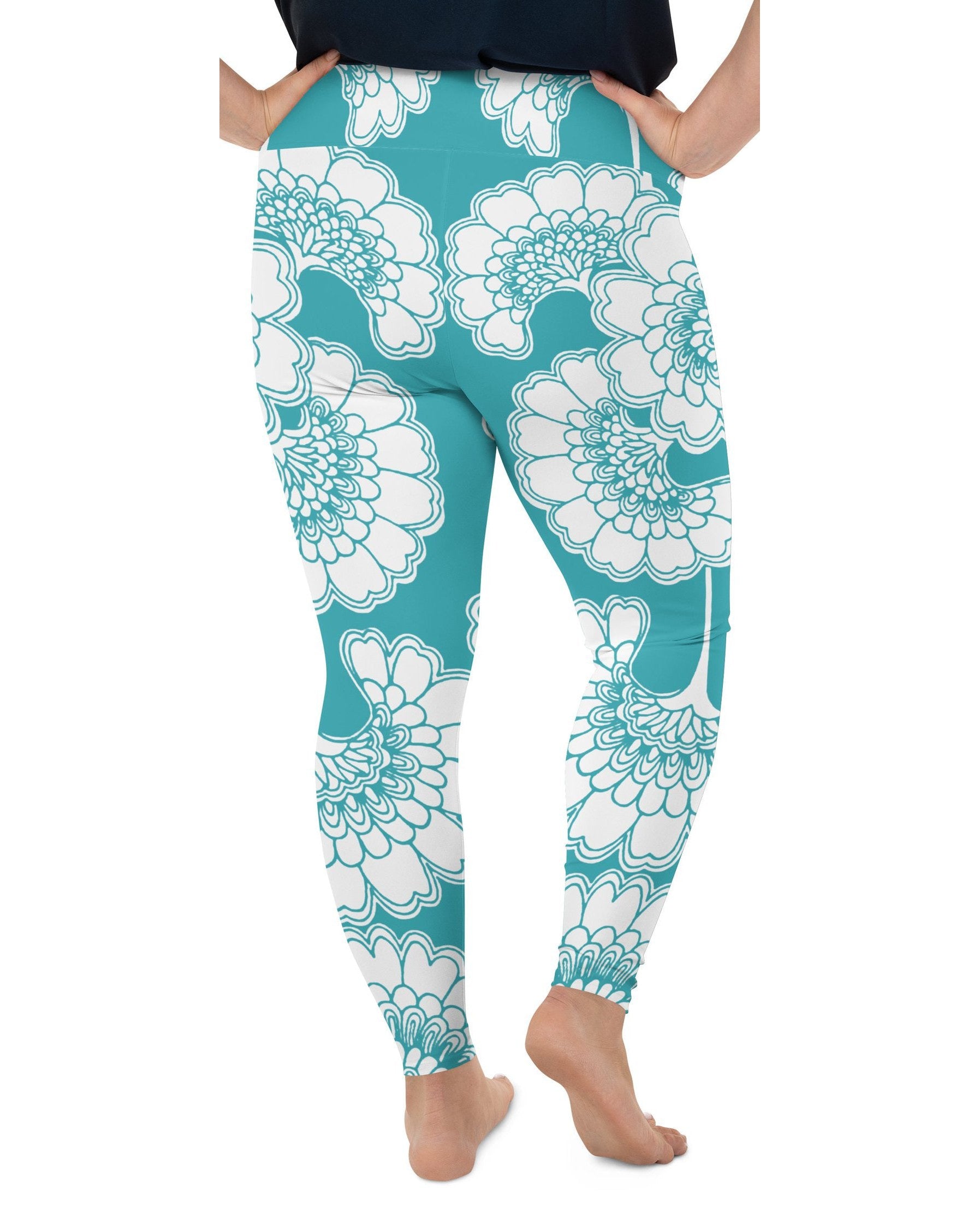 Teal Japanese Floral Plus Size Leggings Gearbunch