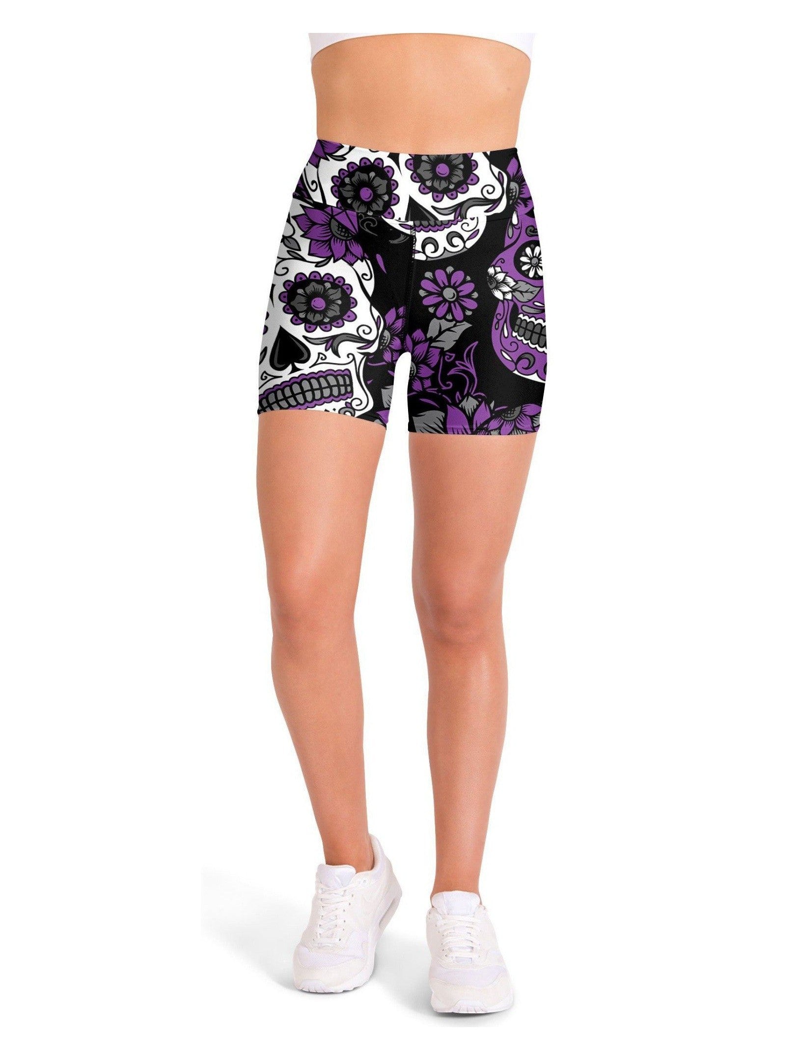 Purple Sugar Skull Yoga Shorts | Gearbunch