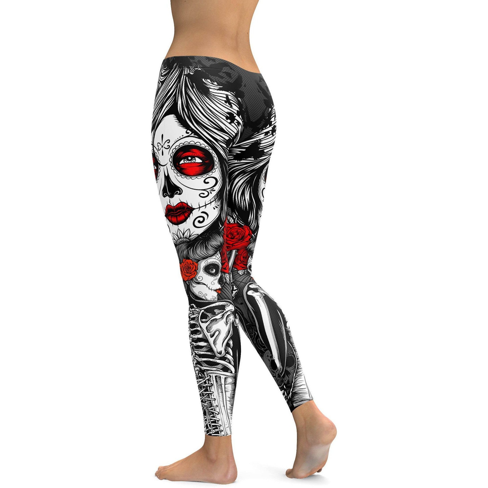Womens Workout Yoga Skeleton Sugar Skull Leggings White/Black/Red | Gearbunch.com