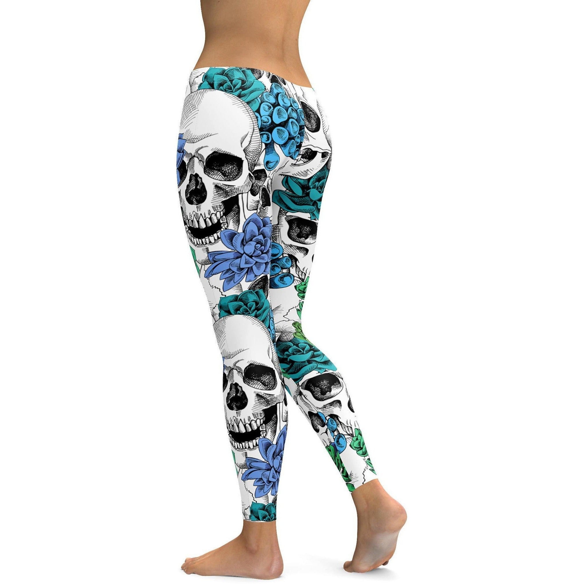 Womens Workout Yoga Blue Floral Skulls Leggings