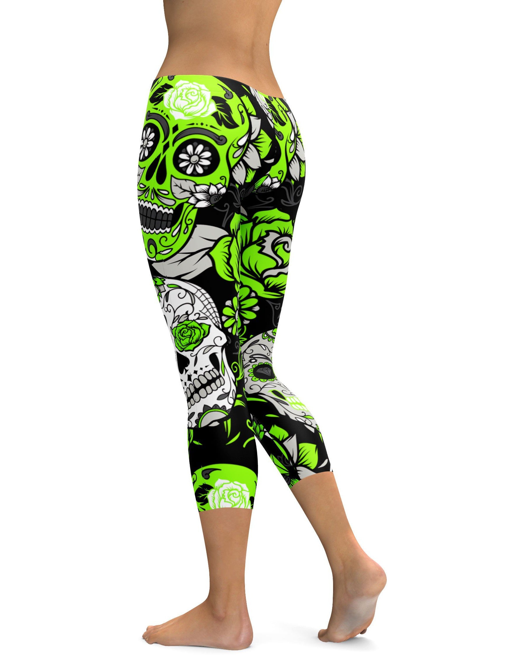 Lime Green Sugar Skull Capris - GearBunch Leggings / Yoga Pants