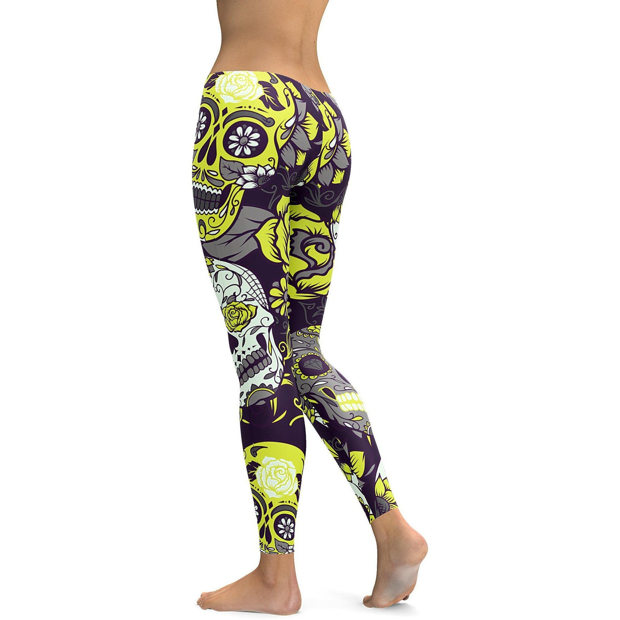Sassy Yellow Sugar Skull Leggings - GearBunch Leggings / Yoga Pants