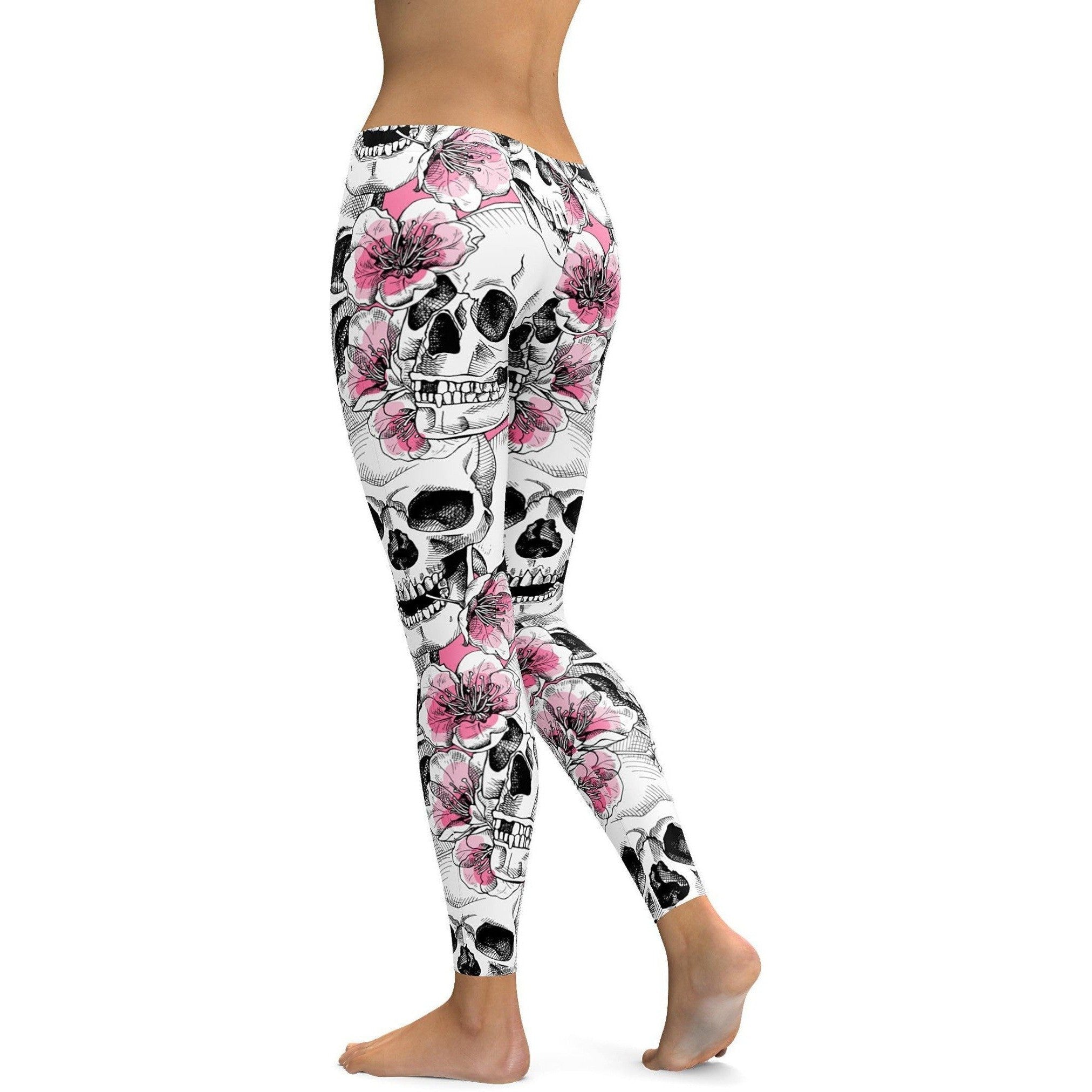 Womens Workout Yoga Pink Floral Skulls Leggings Black/Pink/Grey | Gearbunch.com