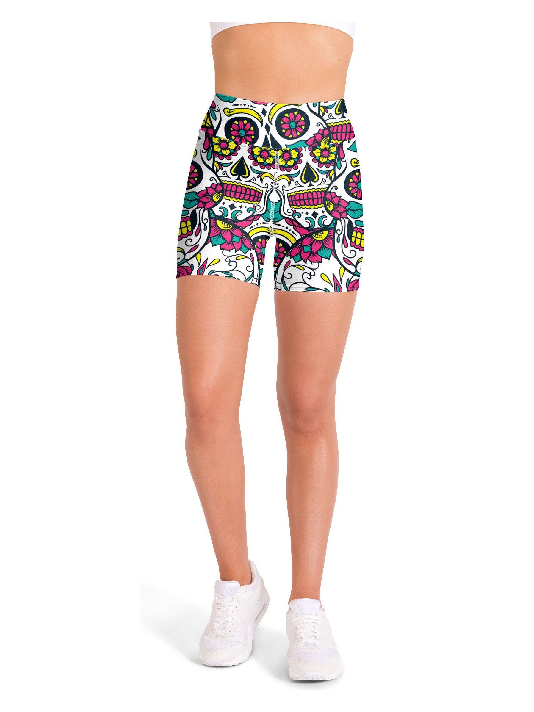 Colorful Sugar Skull Yoga Shorts Gearbunch