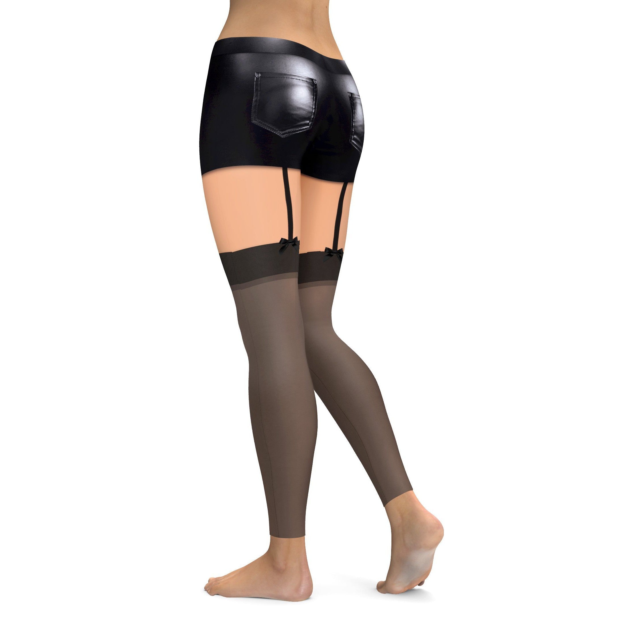 Faux Stockings with Leather Shorts Leggings | GearBunch