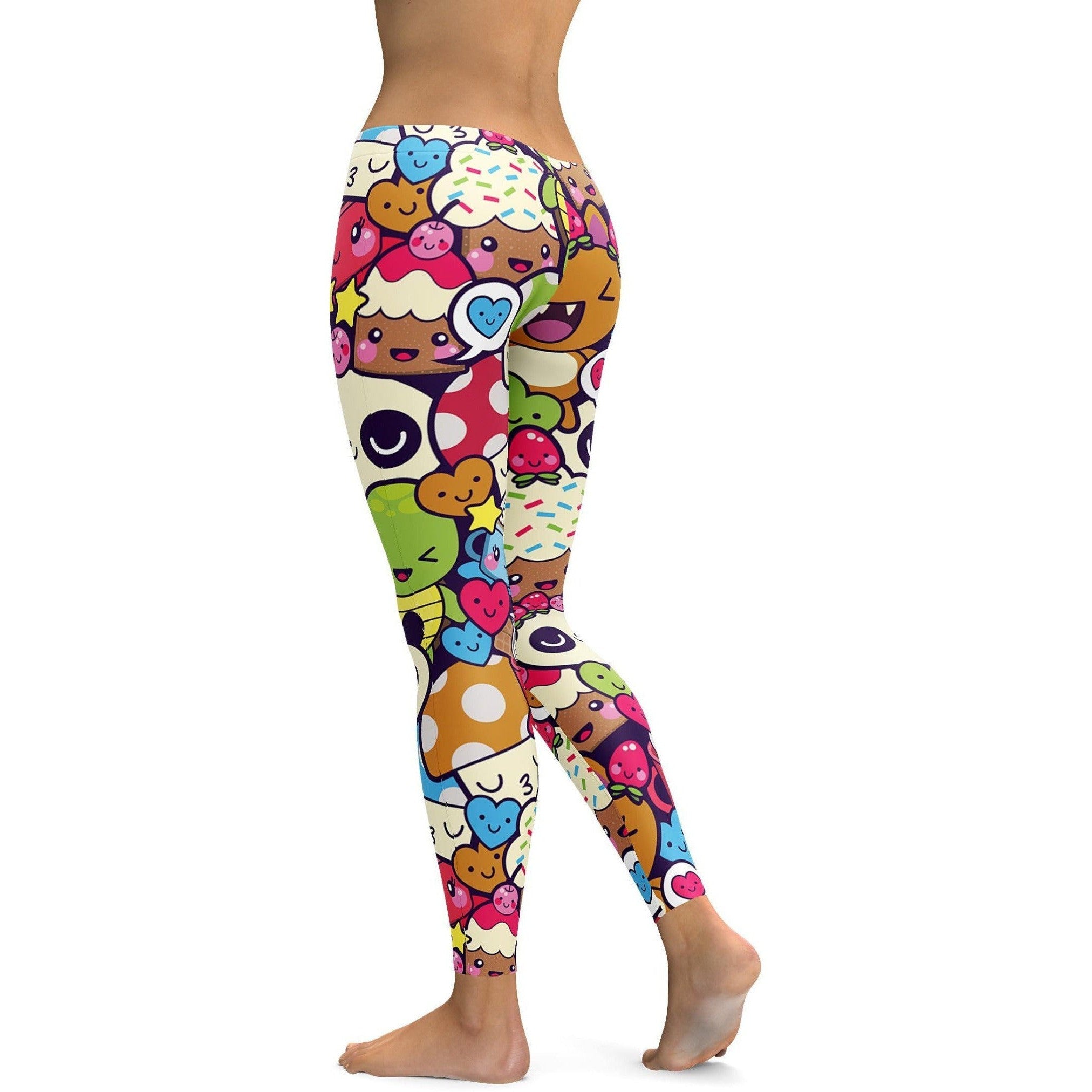 Womens Workout Yoga Happy Kawaii Leggings White/Green/Pink | Gearbunch.com