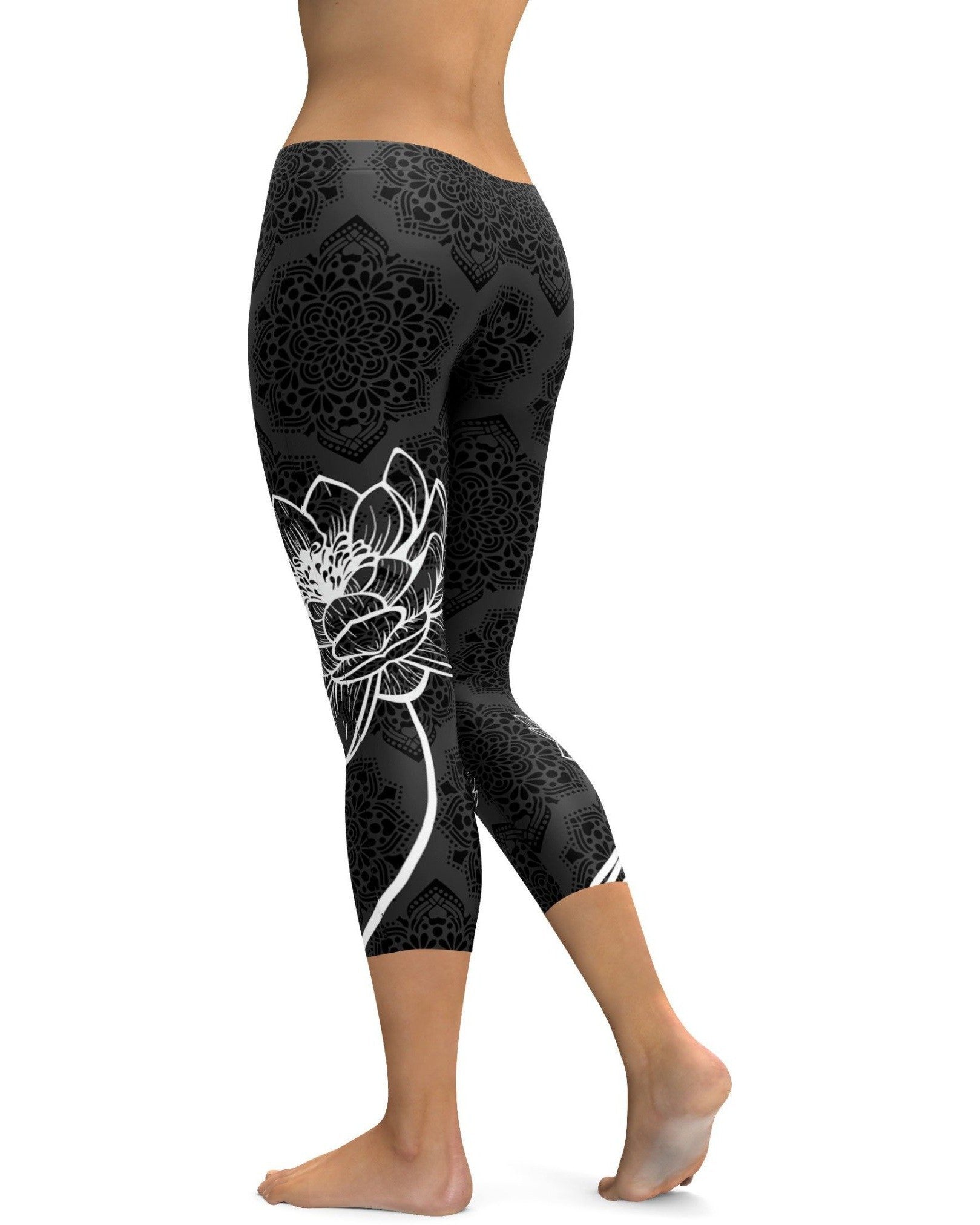 Lotus Capris legging with concentric mandalas black background