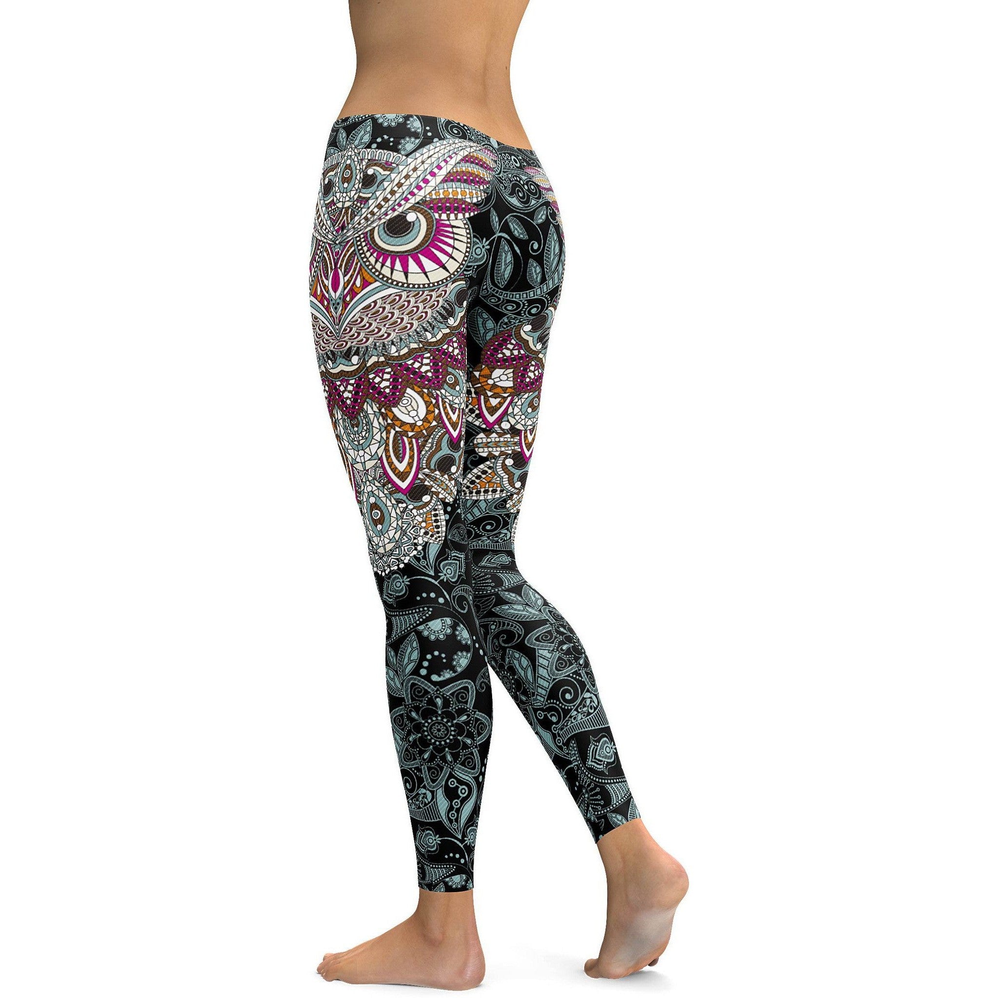 Womens Workout Yoga Ornamental Owl Leggings Pink/White/Black | Gearbunch.com