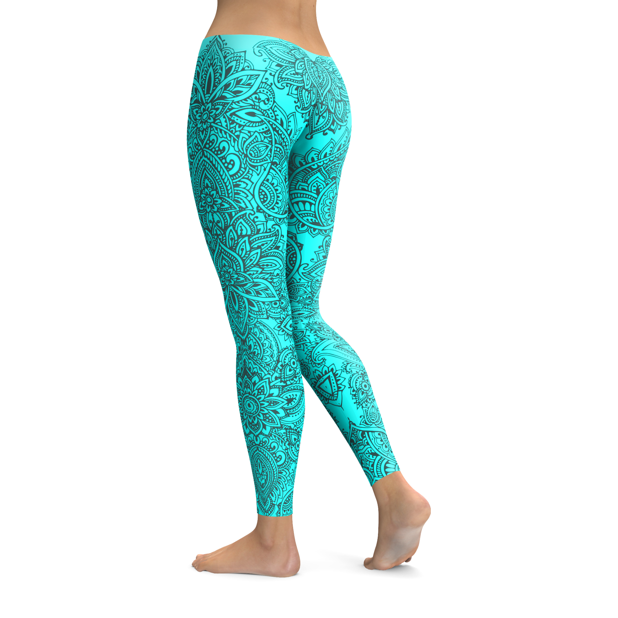 Womens Workout Yoga Aqua and Slate Grey Henna Tattoo Leggings