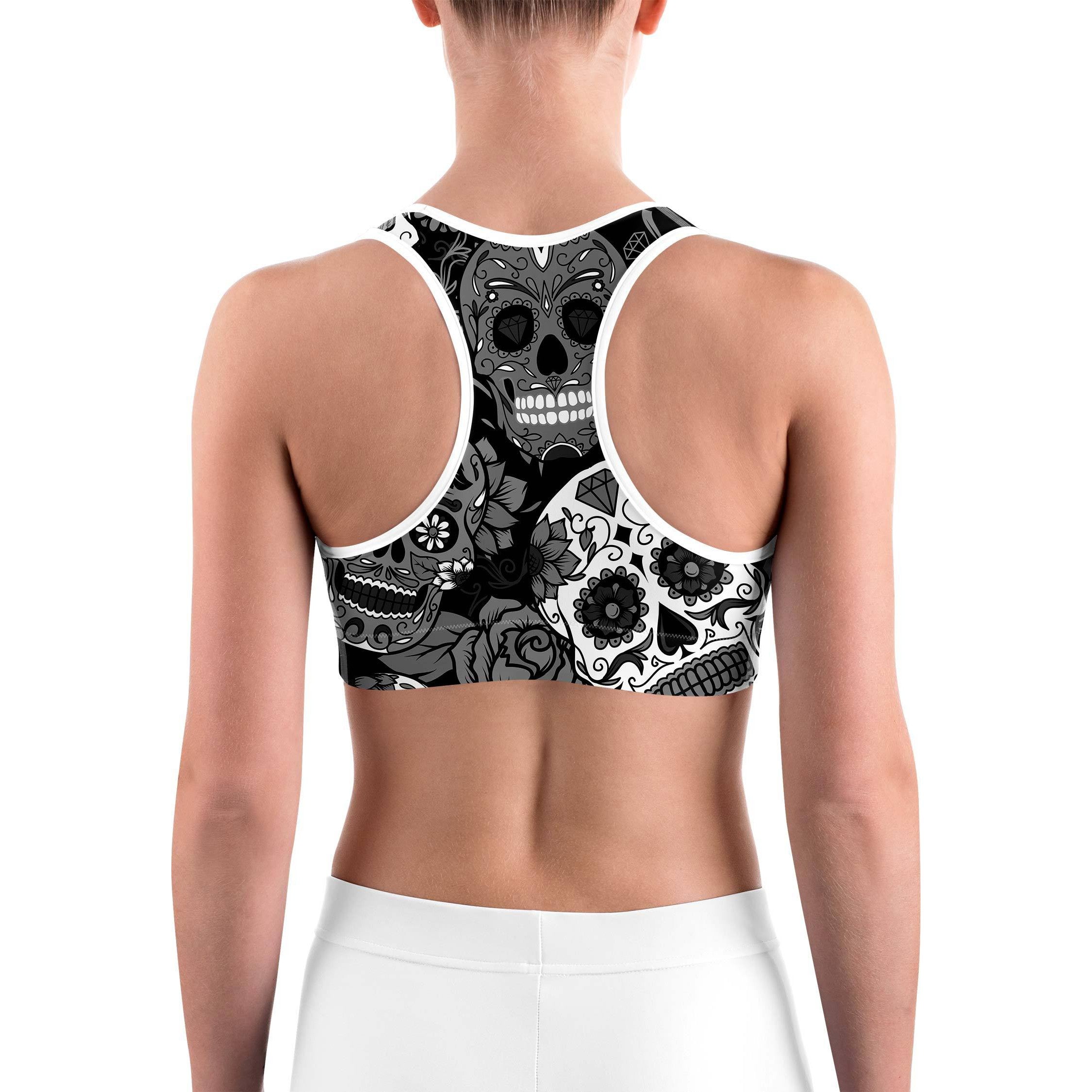 Black & White Sugar Skull Sports bra - GearBunch Leggings / Yoga Pants