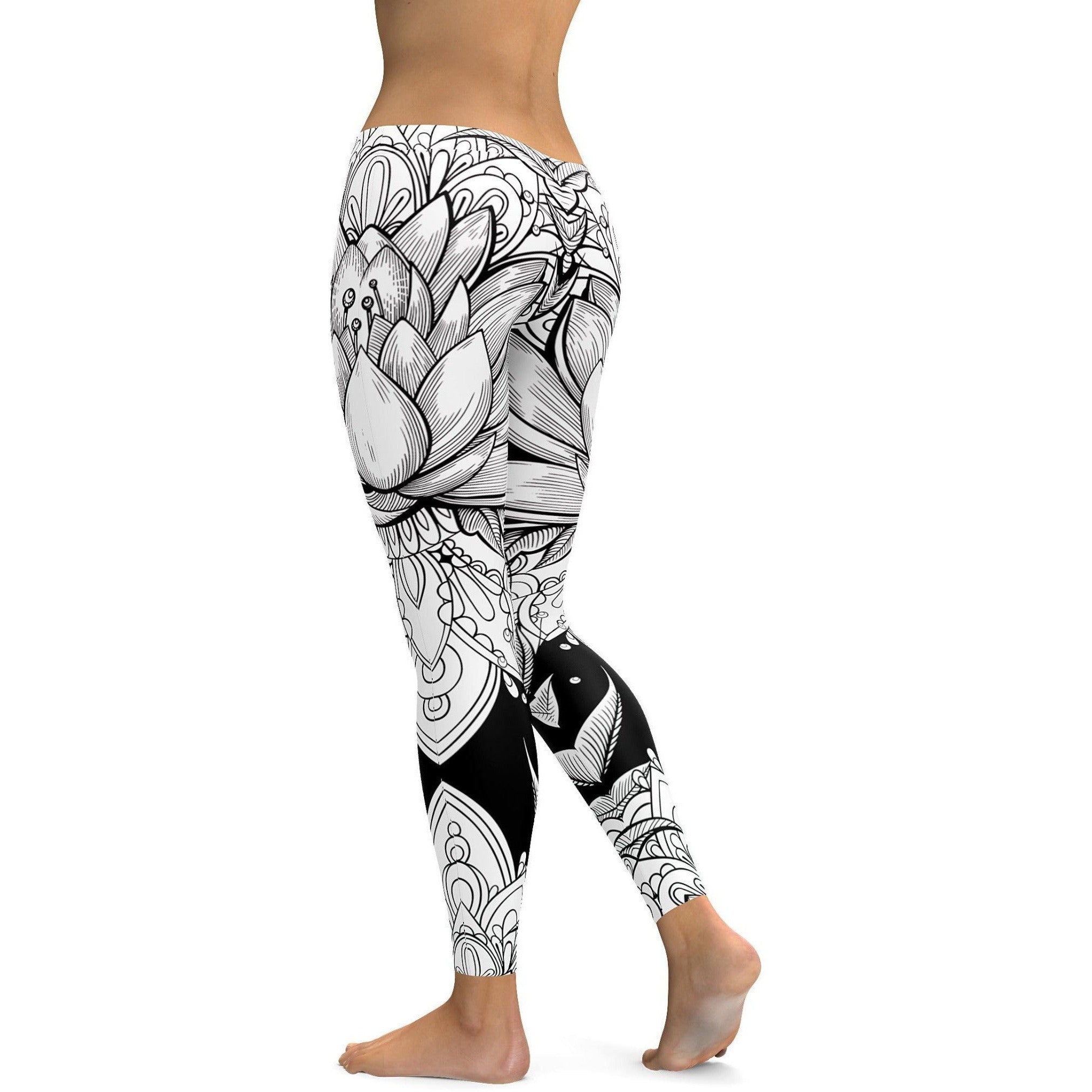 Womens Workout Yoga B&W Lotus Leggings