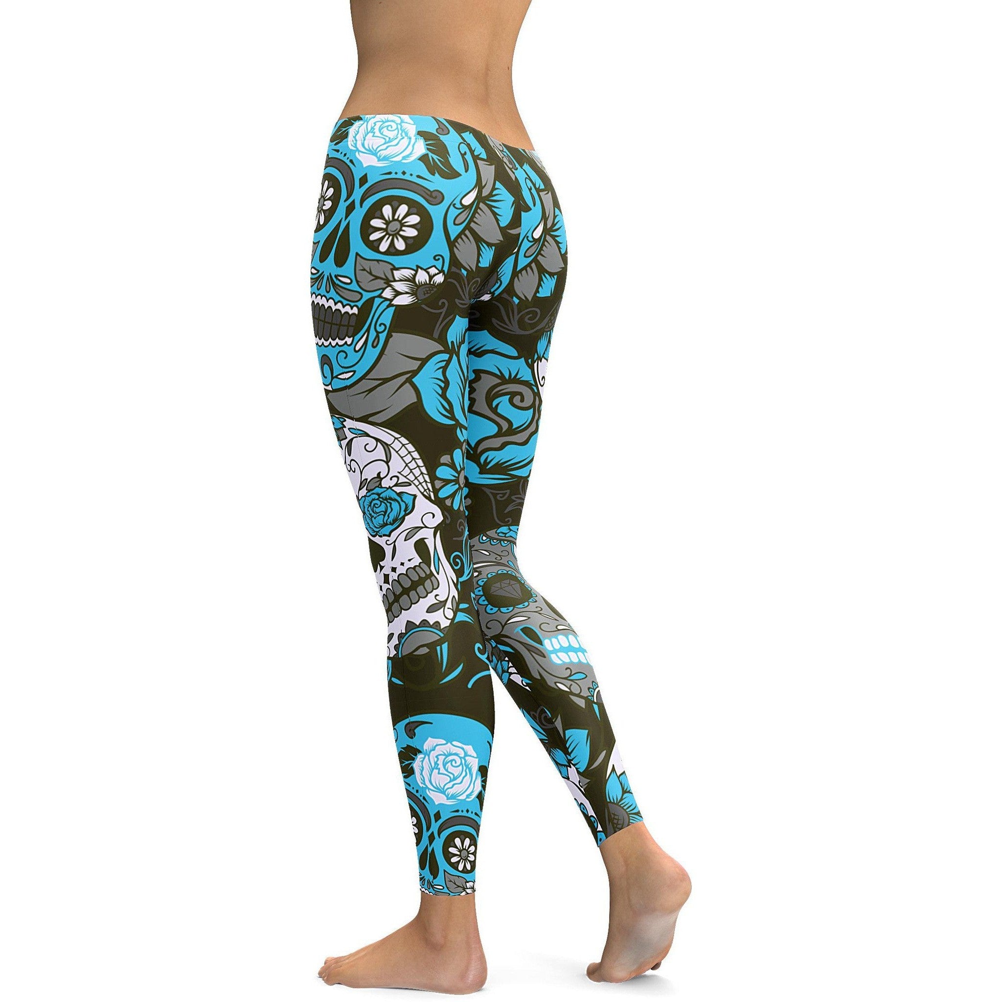 Womens Workout Yoga Sky Blue Sugar Skull Leggings Black/Sky Blue/White | Gearbunch.com