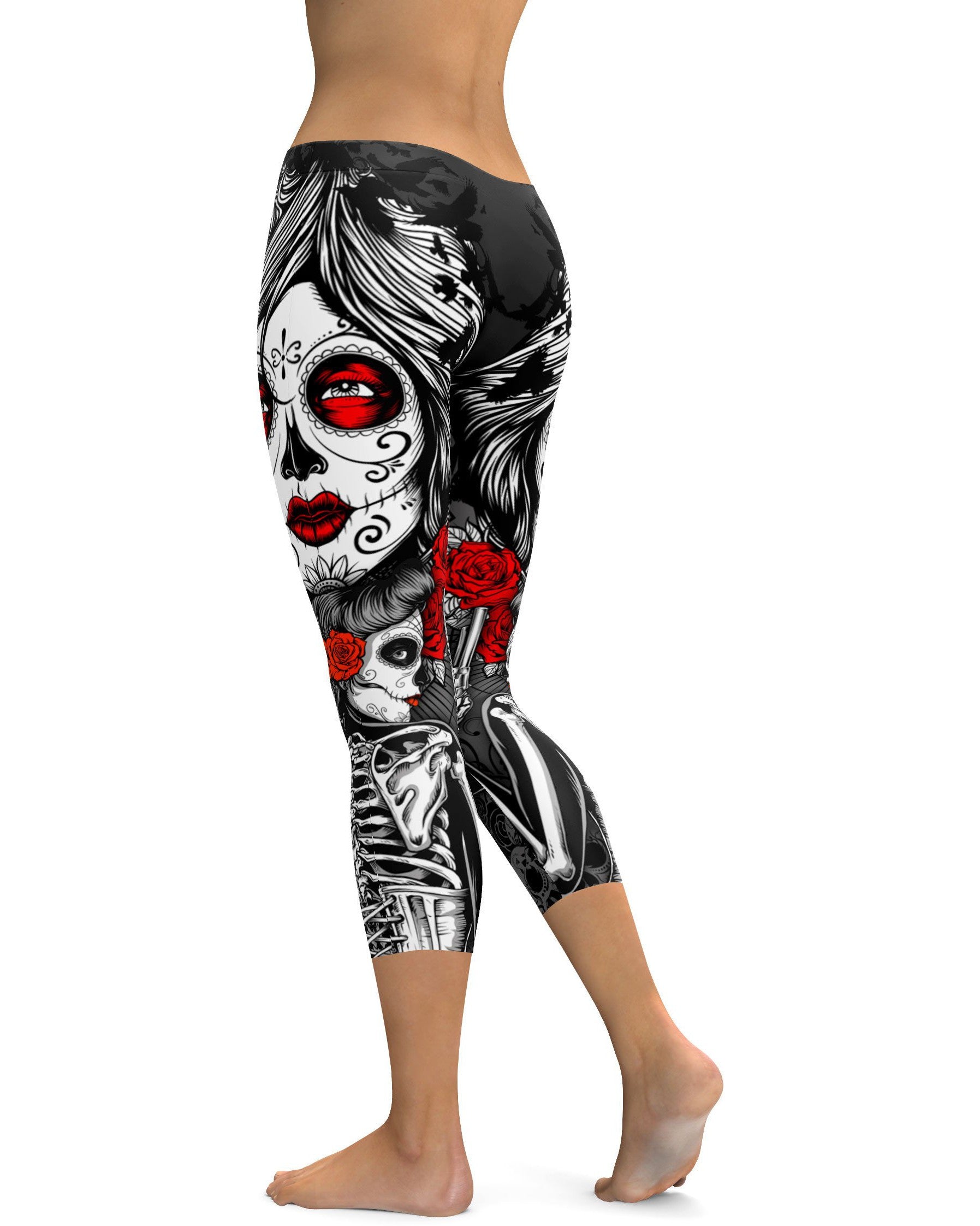 Skeleton Sugar Skull Capris - GearBunch Leggings / Yoga Pants