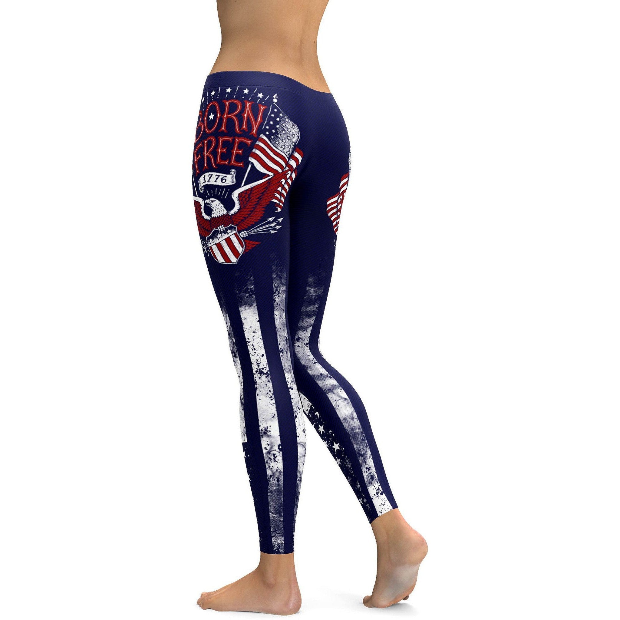 Womens Workout Yoga American Patriot-Born Free Leggings White/Red/Blue