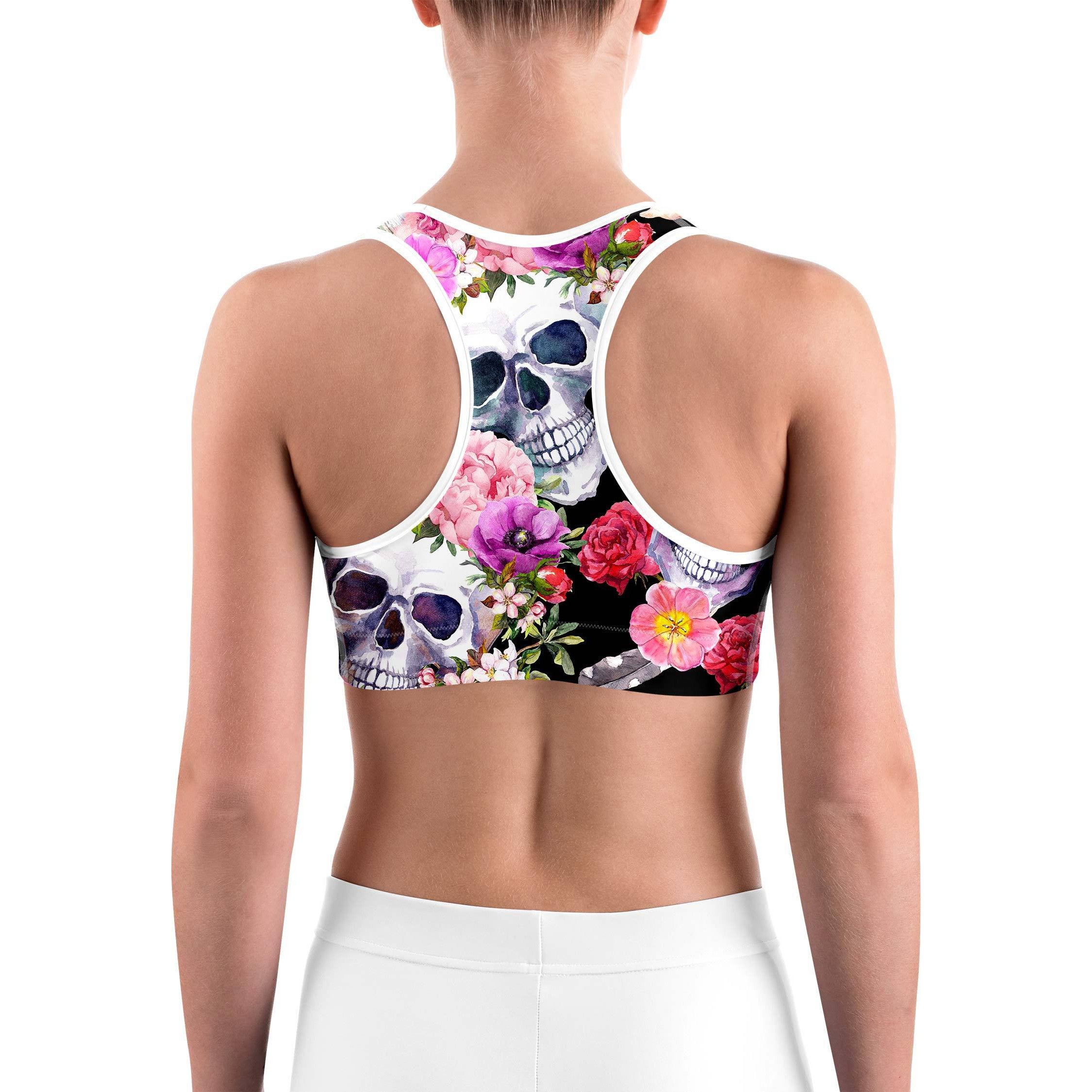 Colorful Floral Skull Sports bra - GearBunch Leggings / Yoga Pants