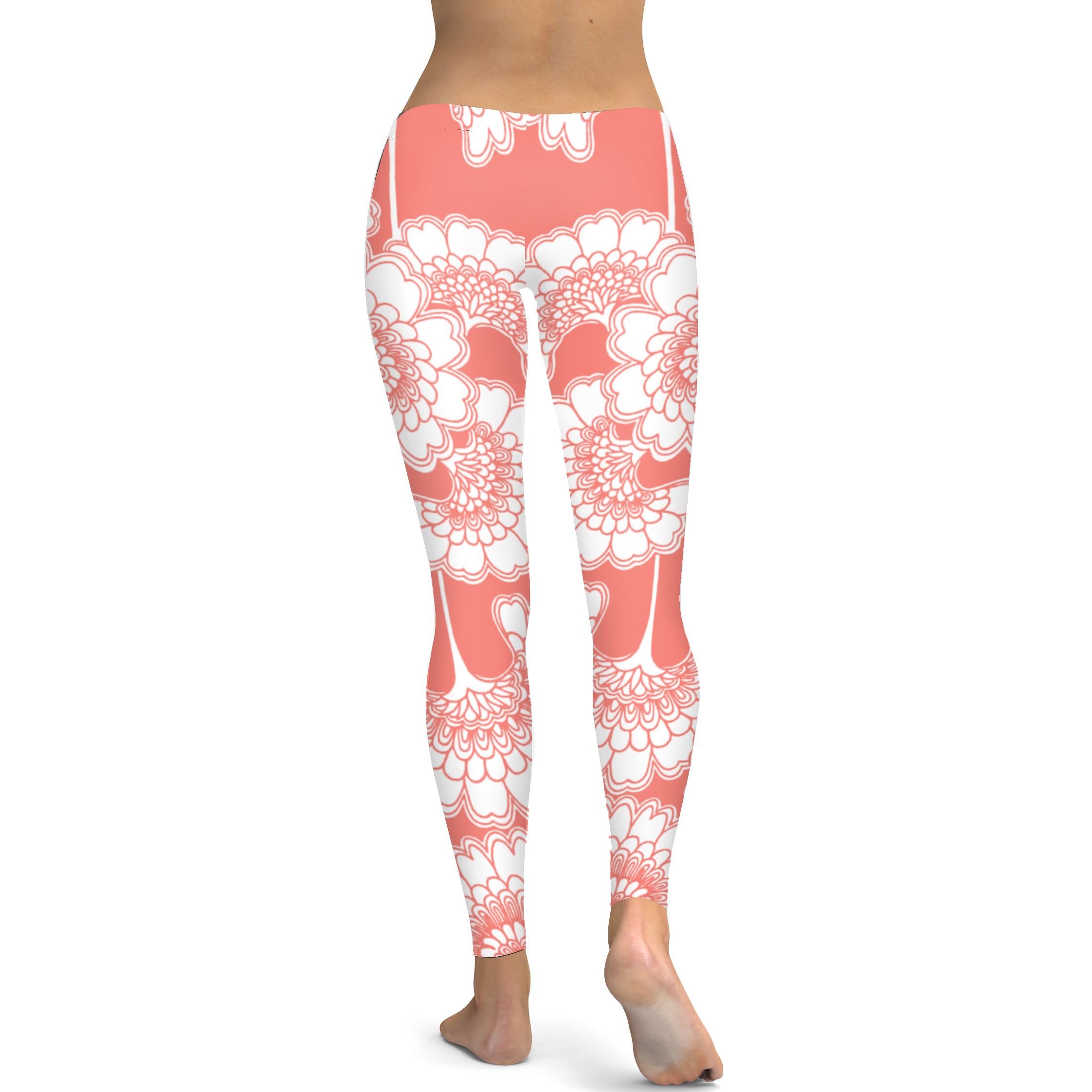 Coral Japanese Floral Leggings -Gearbunch