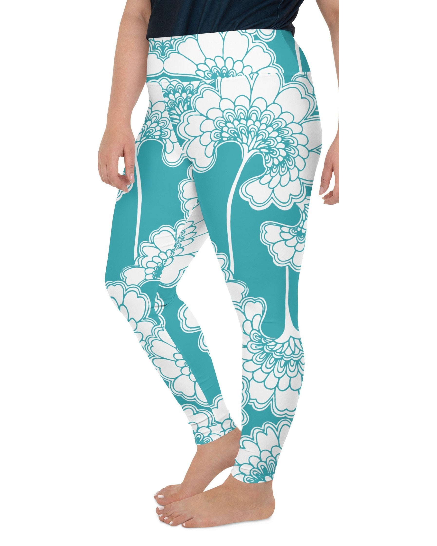 Teal Japanese Floral Plus Size Leggings Gearbunch