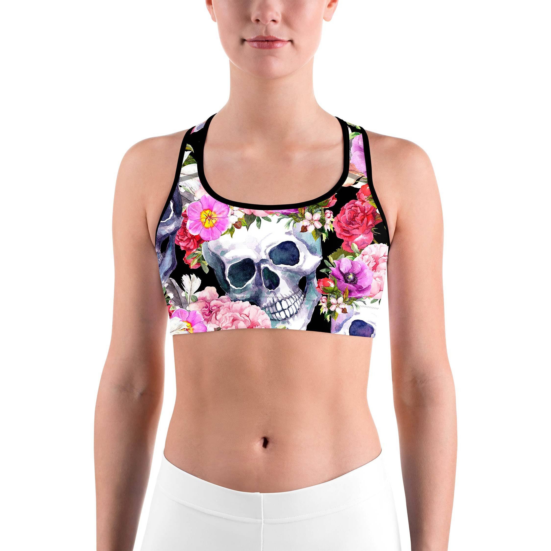 Colorful Floral Skull Sports bra - GearBunch Leggings / Yoga Pants