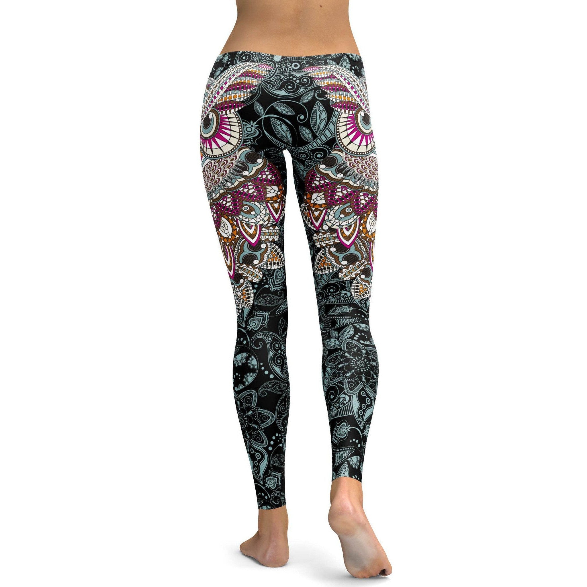 Womens Workout Yoga Ornamental Owl Leggings Pink/White/Black | Gearbunch.com