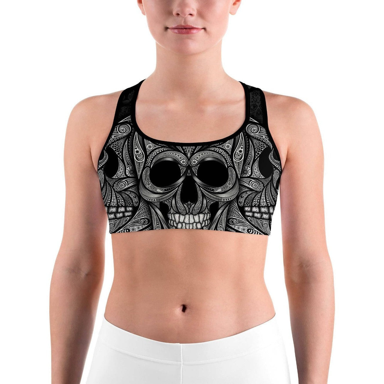 Women's ornamental skull printed sports bra front view