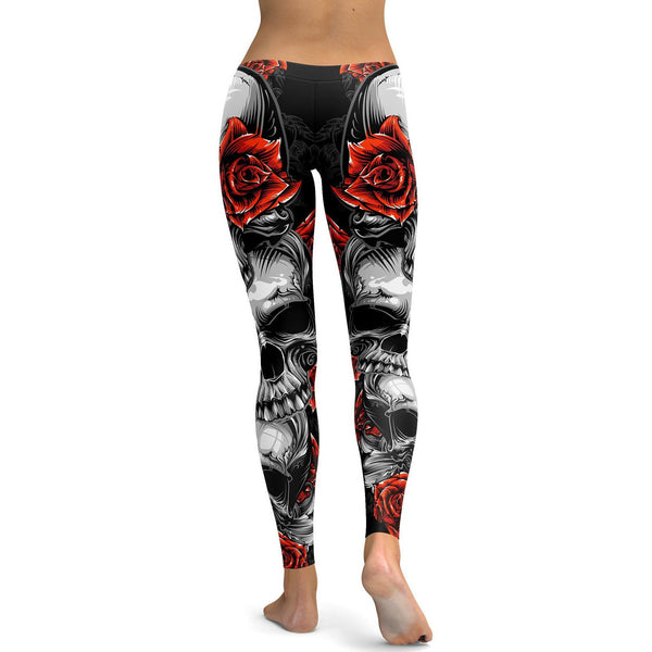 Womens Workout Yoga Skeleton Sugar Skull Leggings White/Black/Red
