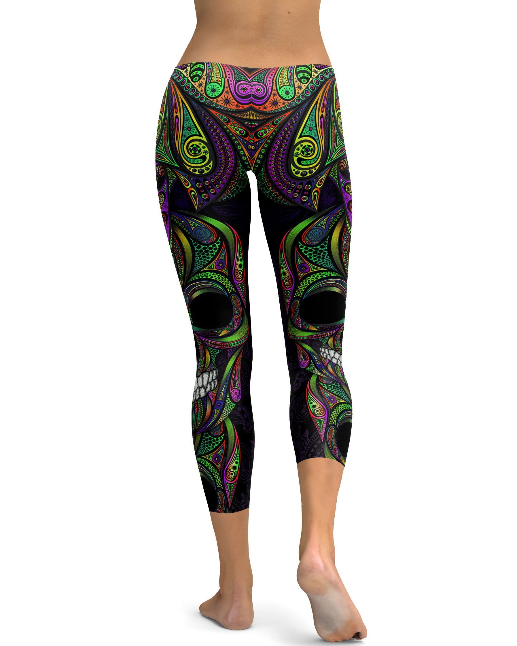 Colorful Green Ornament Skull Capris - GearBunch Leggings / Yoga Pants